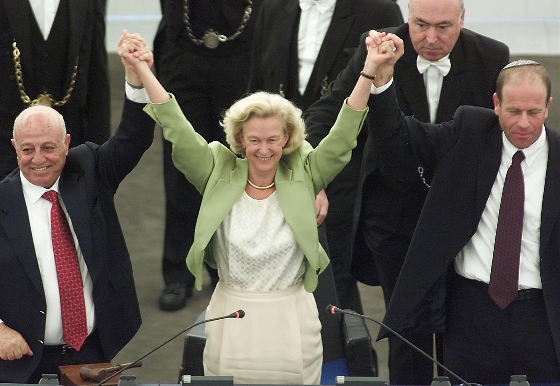 Fontaine with Palestinian legislature speaker Abu Ala and Knesset speaker Avraham Burg in Strasbourg in 2000 (Getty)