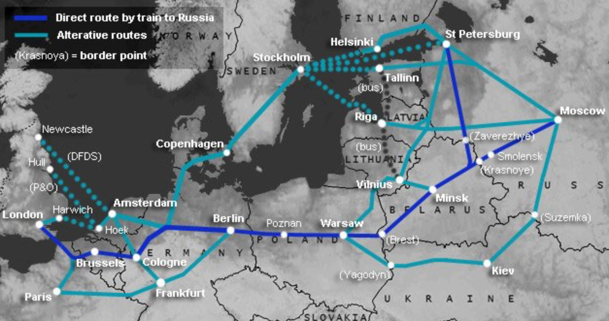 Touch line: the main rail routes from London to Moscow