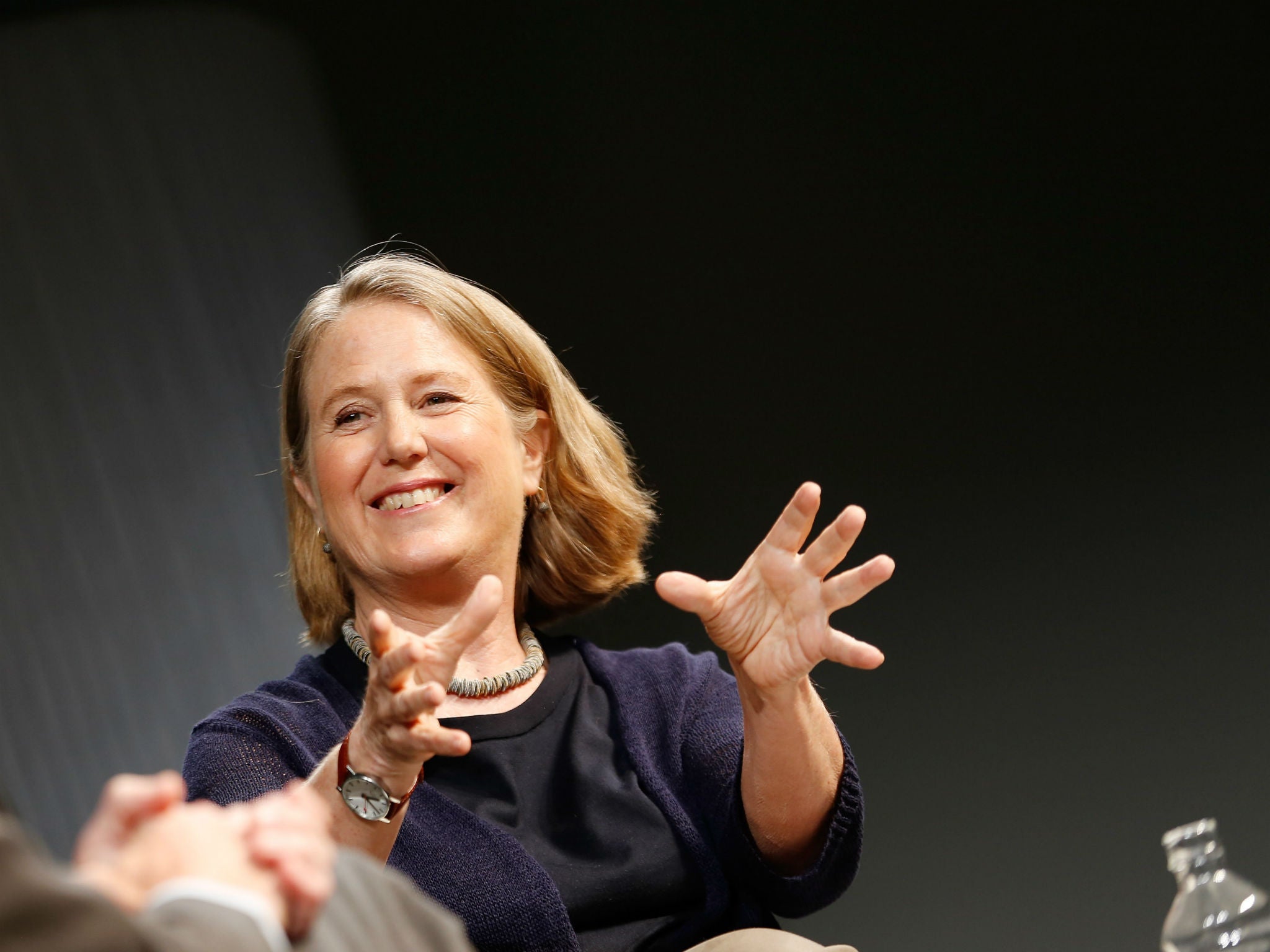 Google Cloud head Diane Greene speaks on stage in New York City