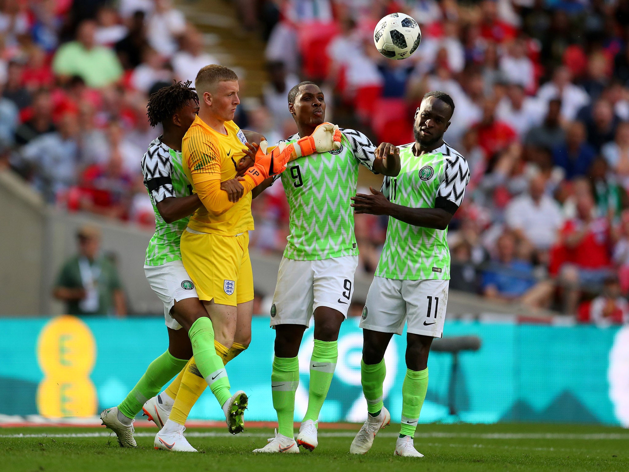 Jordan Pickford in action for England against Nigeria