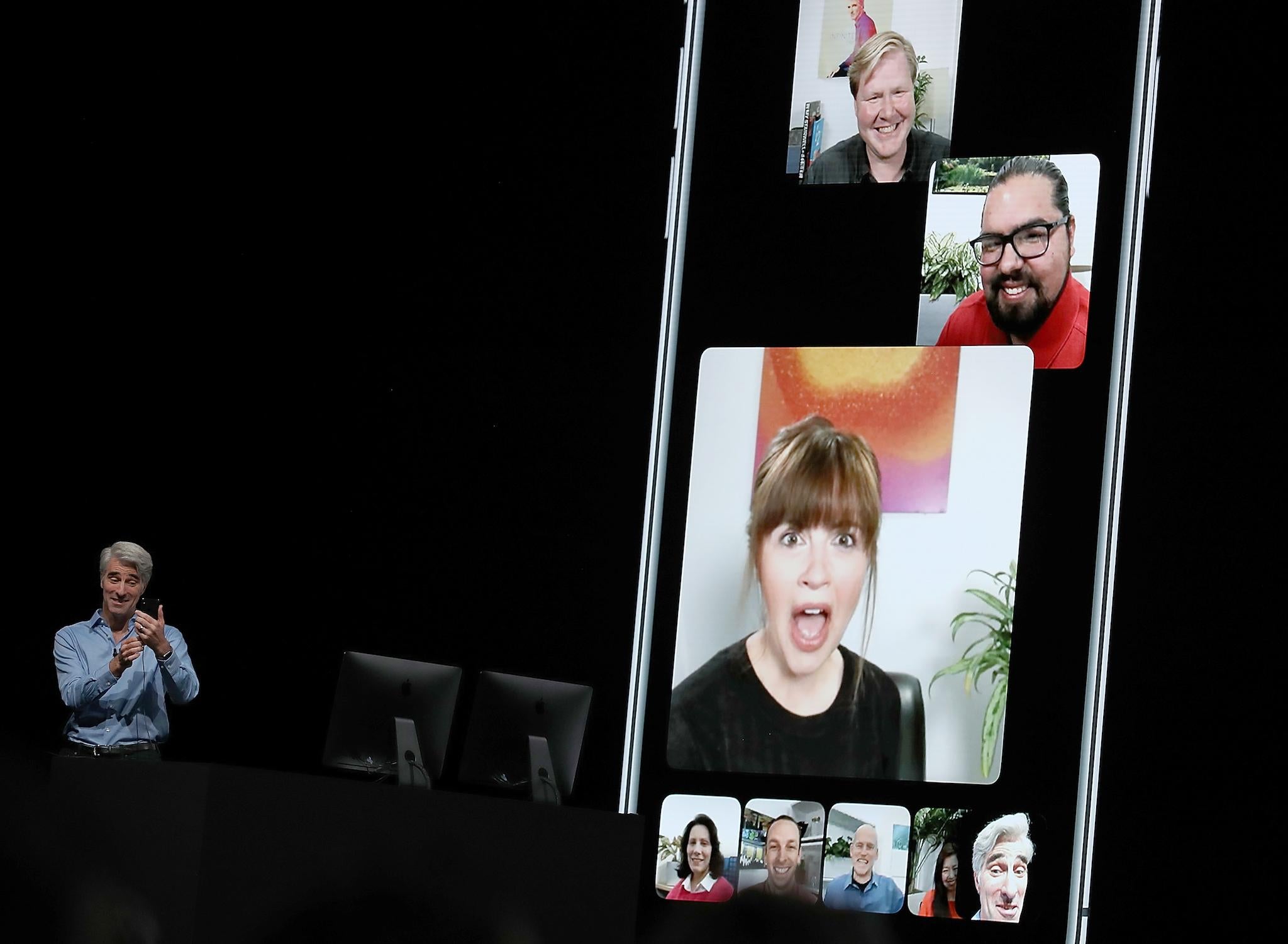 Apple's senior vice president of Software Engineering Craig Federighi demonstrates group FaceTime as he speaks during the 2018 Apple Worldwide Developer Conference