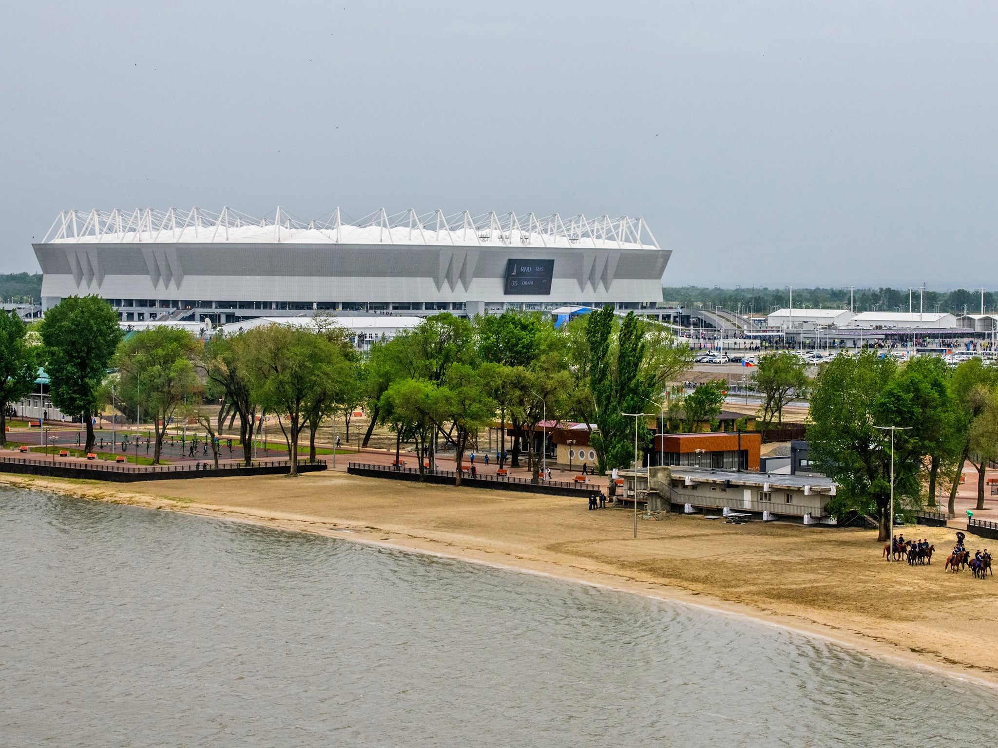 Don Cossacks practise their riding skills on the left bank of Don river outside Rostov Arena