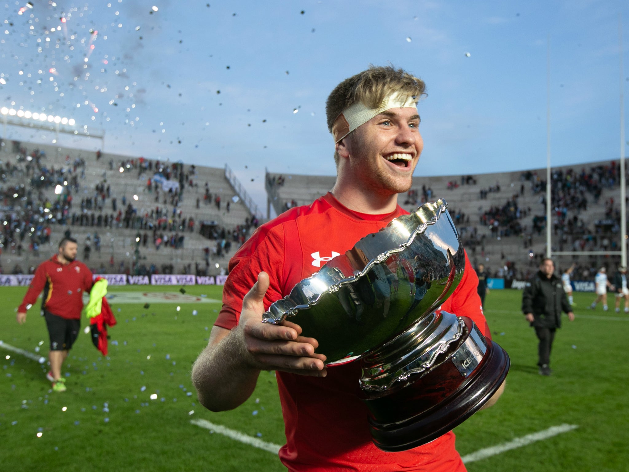 Aaron Wainwright celebrates Wales' 23-10 victory over Argentina