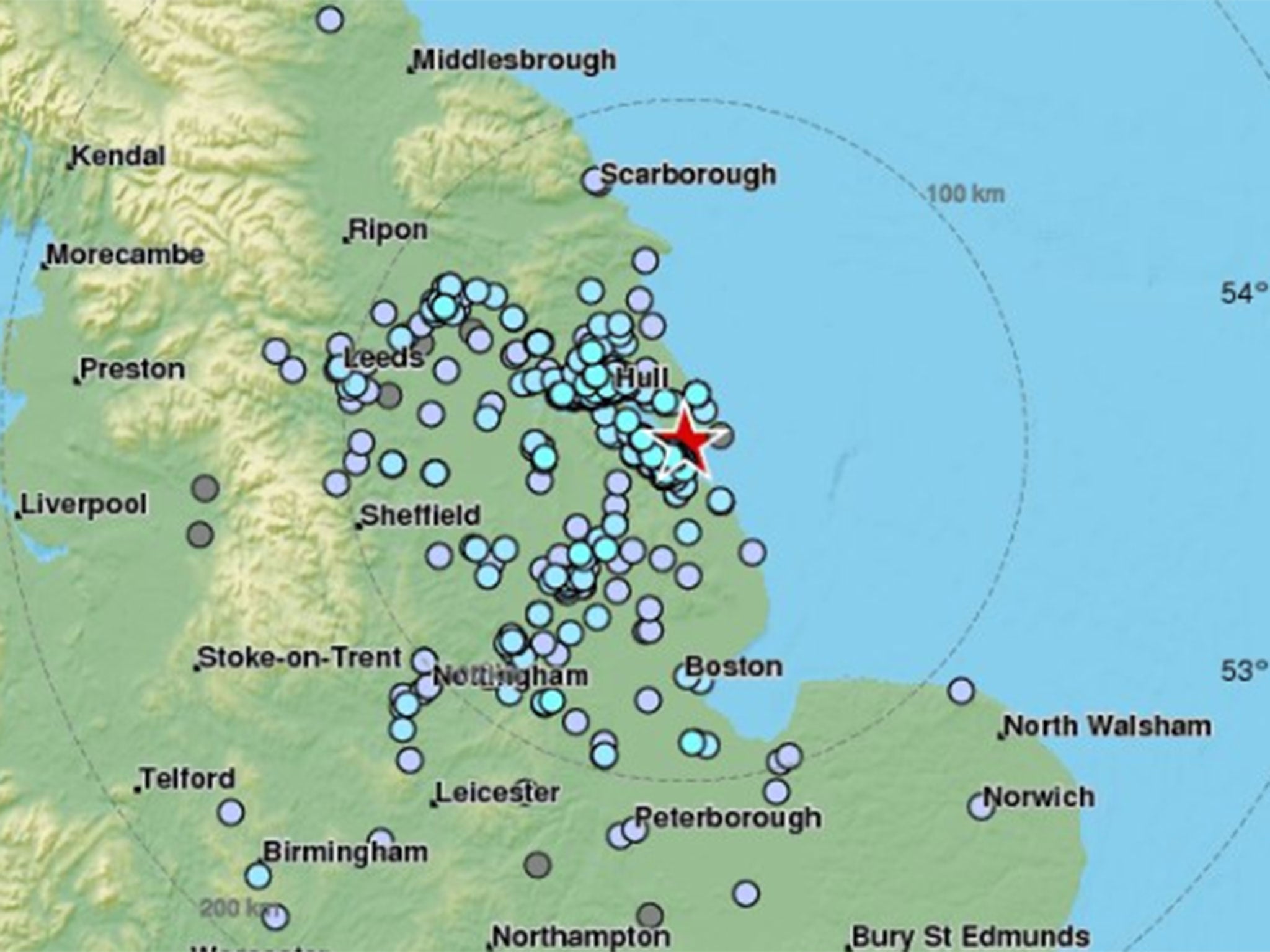 A map showing where the quake was felt by members of the public