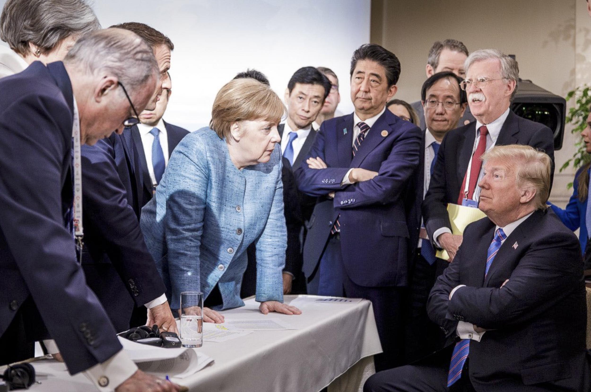 The photo, which has been widely disseminated on social media, came amid as mounting tensions between Mr Trump, Ms Merkel, and other G-7 leaders over trade disputes