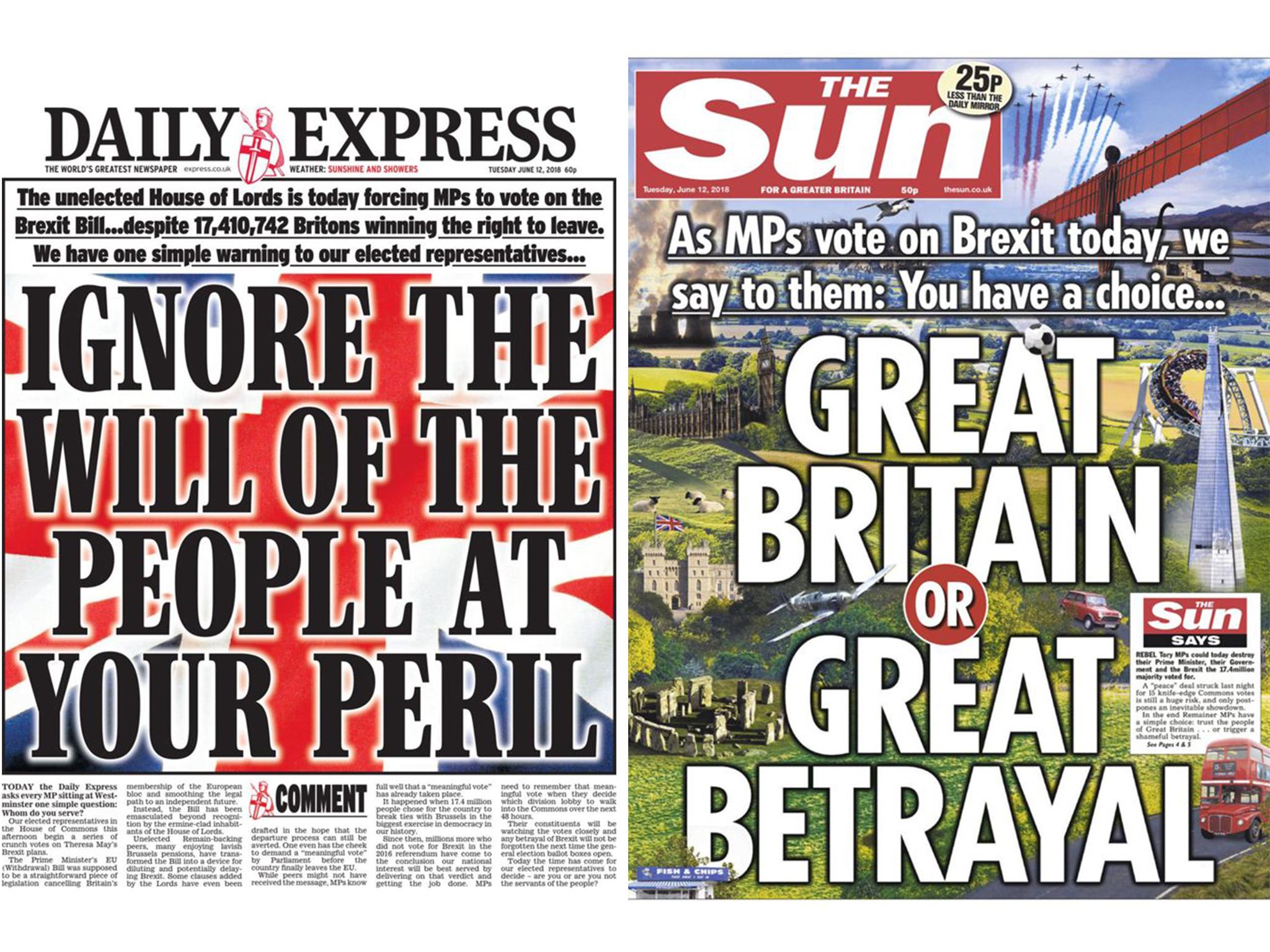 Front pages of the Daily Express and the Sun as Brexit legislation returns to the Commons