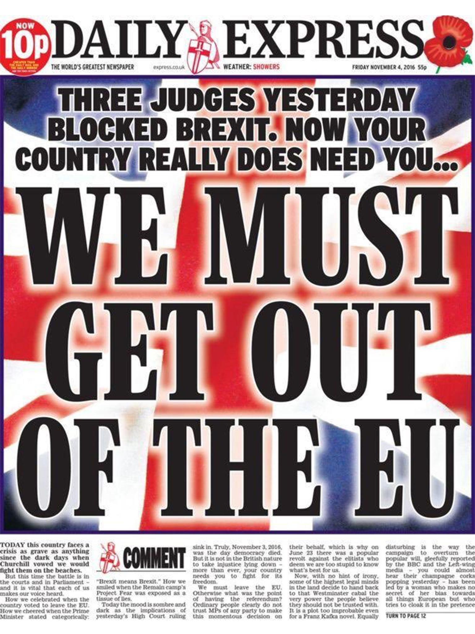 In the Express' take on the same story, they manage to incorporate the Union Jack, allude to First World War propaganda, invoke memories of Churchill and, of course, state "Brexit means Brexit"