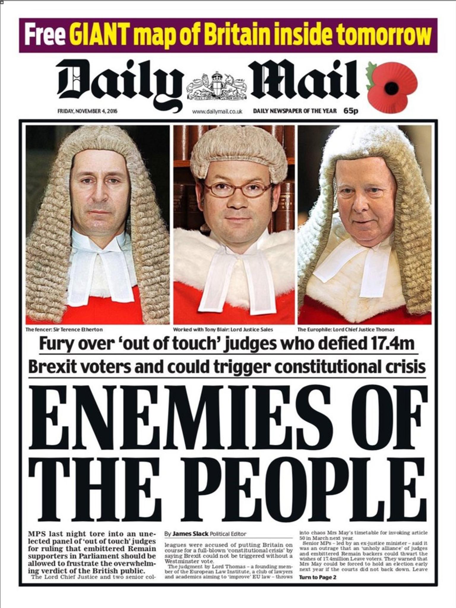 In perhaps the most notorious front page of the past few years, the Mail derides the High Court judges who ruled that parliament must have a vote on whether to trigger article 50 and start the Brexit process