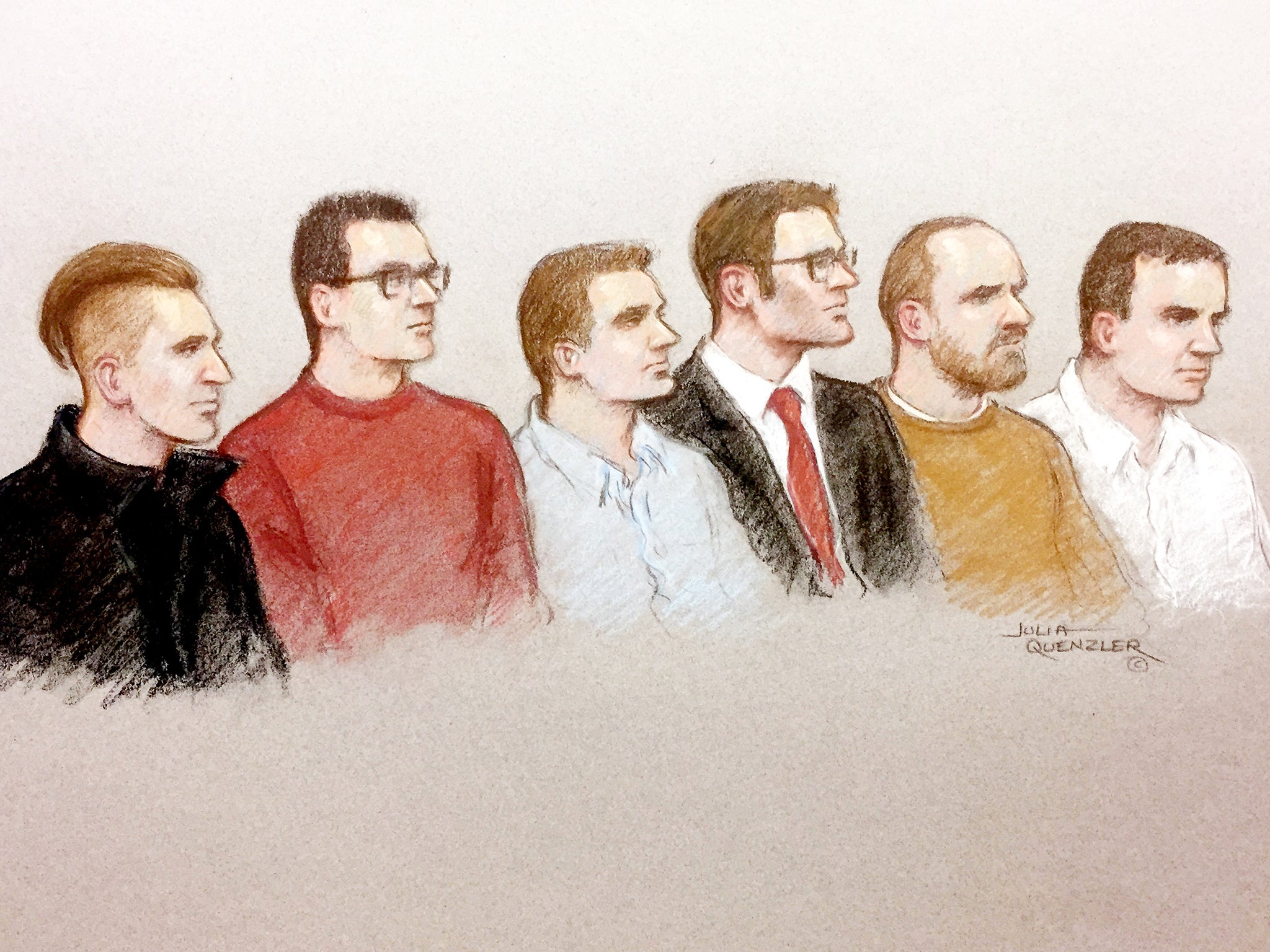 Defendants in the National Action terror trial at the Old Bailey from left to right Garron Helm, Michal Trubini, Andrew Clarke, Matthew Hankinson, Christopher Lythgoe, and Jack Renshaw