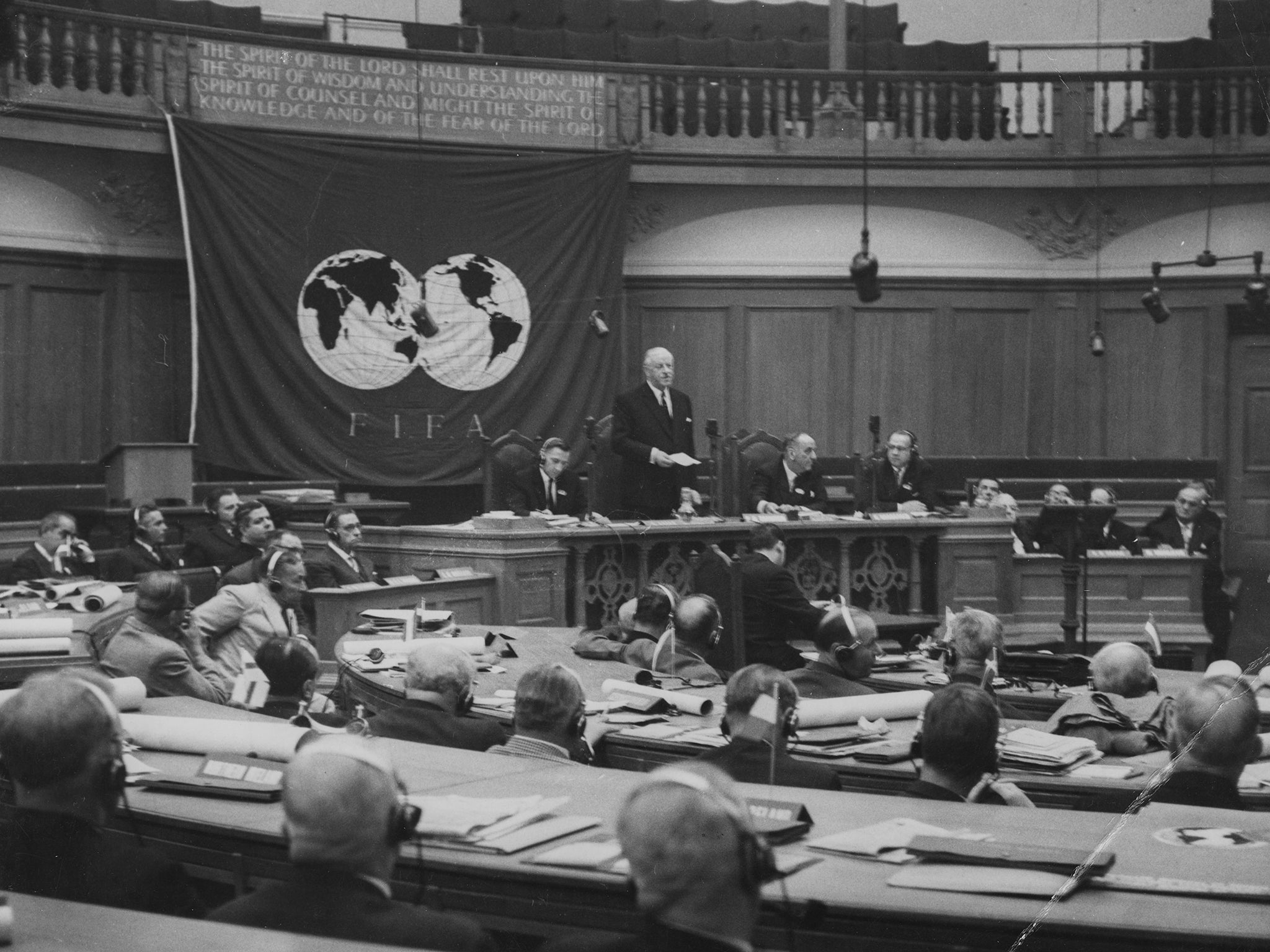 Sir Stanley Rous, Secretary of the Football Association, giving a speech to the assembled delegates following his appointment as the new President of Fifa