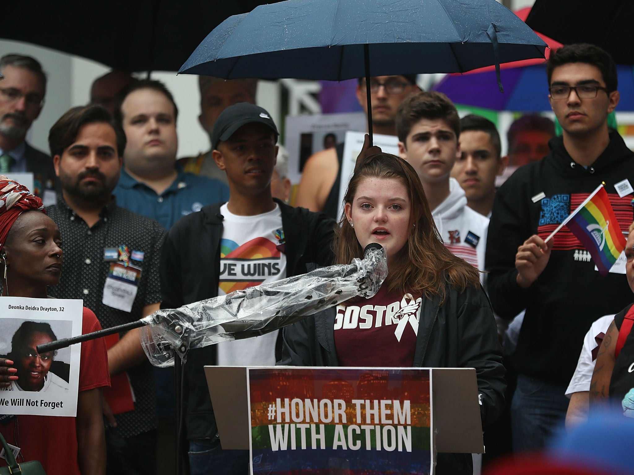 Aly Sheehy, a Marjory Stoneman Douglas High School shooting survivor, speaks during a rally in front of Orlando City Hall