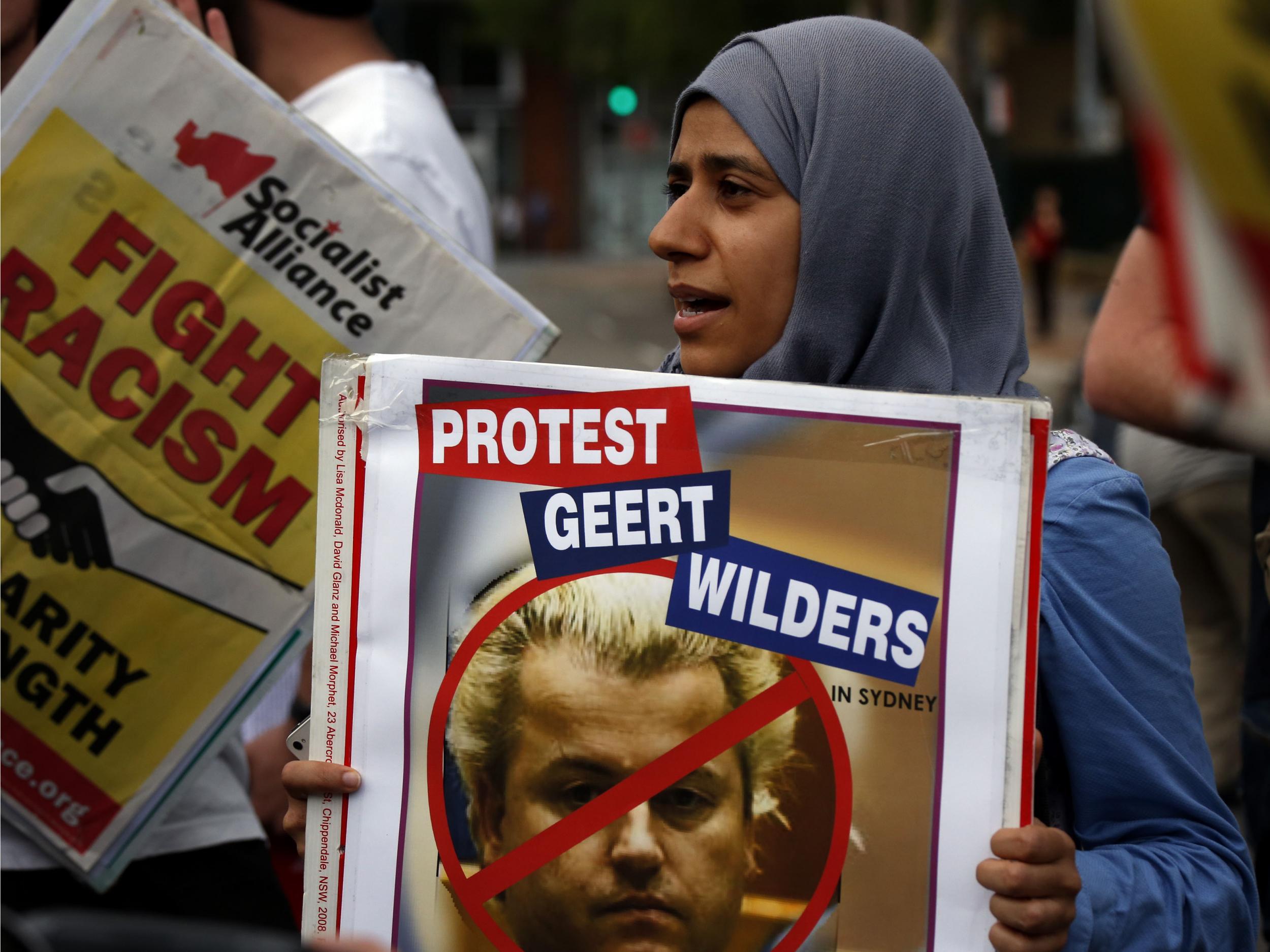 An Australian protester outside a Sydney venue where Dutch anti-Islam MP Geert Wilders was speaking