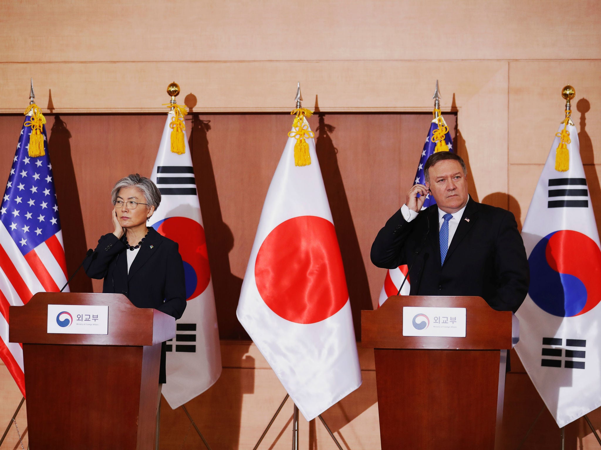 Mike Pompeo and South Korean Foreign Minister Kang Kyung-wha attend a joint news conference at the Foreign Ministry in Seoul, South Korea