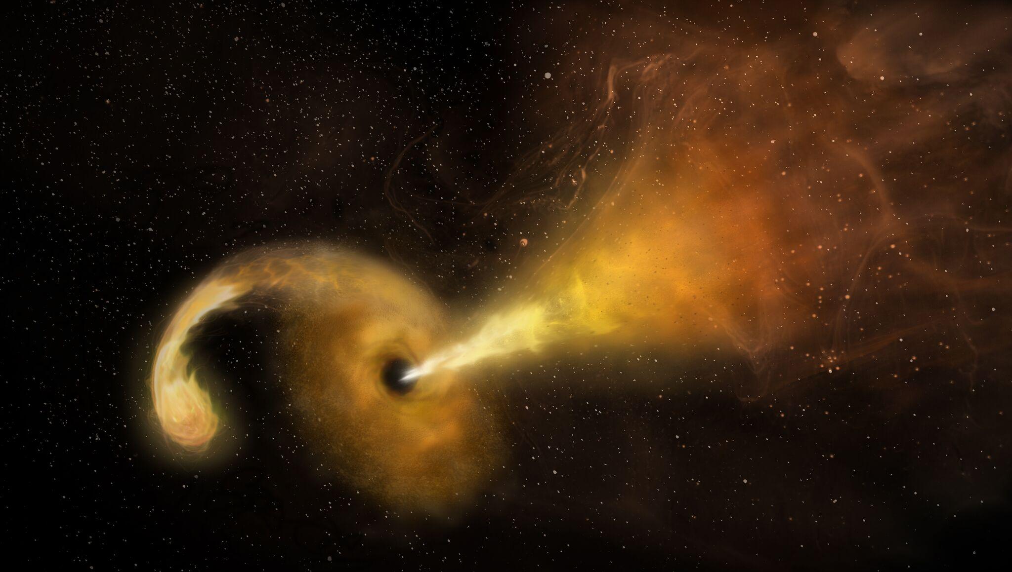 Artist conception of a tidal disruption event (TDE) that happens when a star passes fatally close to a supermassive black hole, which reacts by launching a relativistic jet. (Sophia Dagnello, NRAO/AUI/NSF; NASA, STScI )