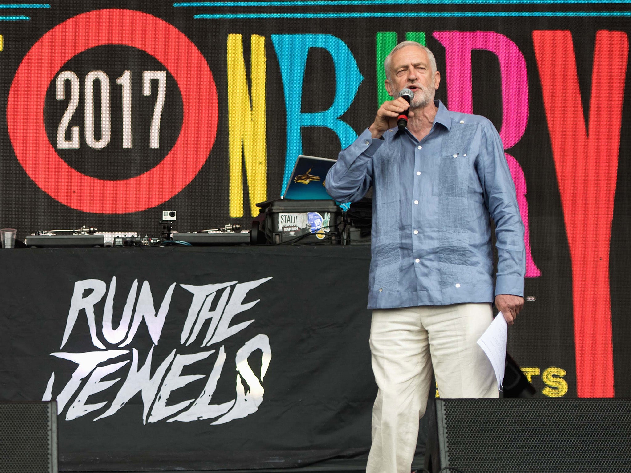 Jeremy Corbyn speaks on stage at Glastonbury Festival