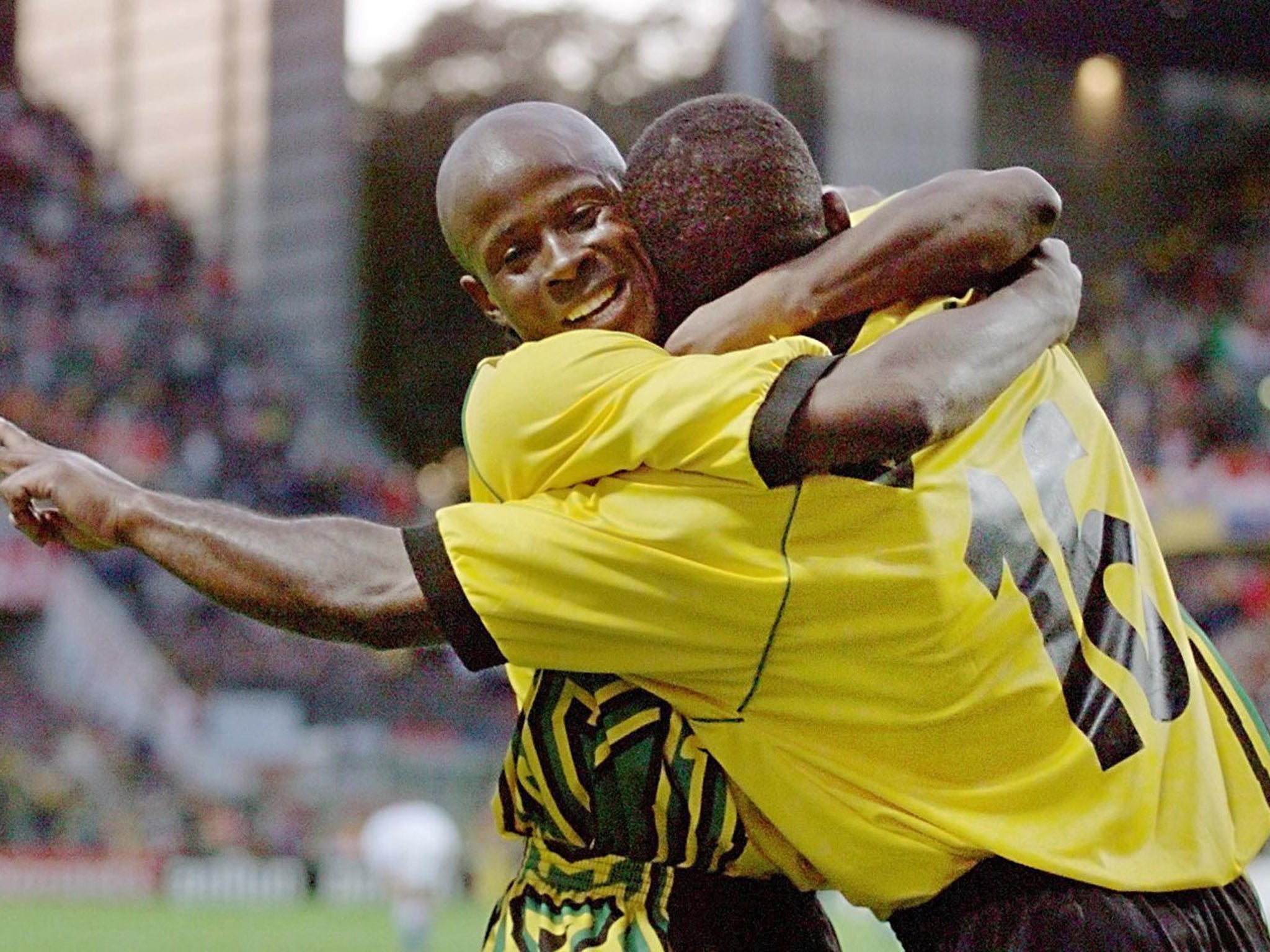 Paul Hall hugs Earle scoring Jamaica’s equaliser against Croatia