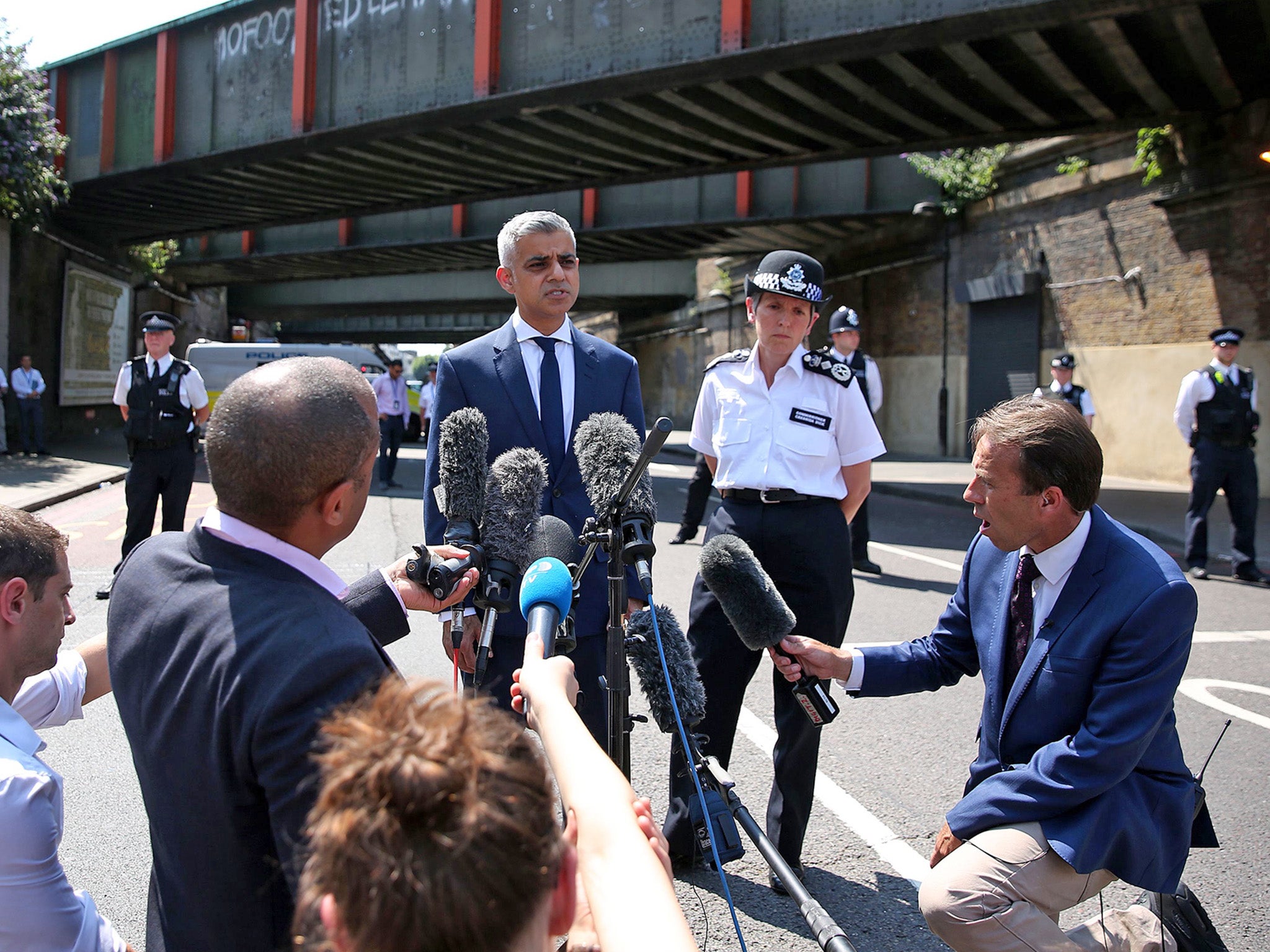 Sadiq Khan and Metropolitan Police Commissioner Cressida Dick give a statement to the media near the scene of an attack in the Finsbury Park