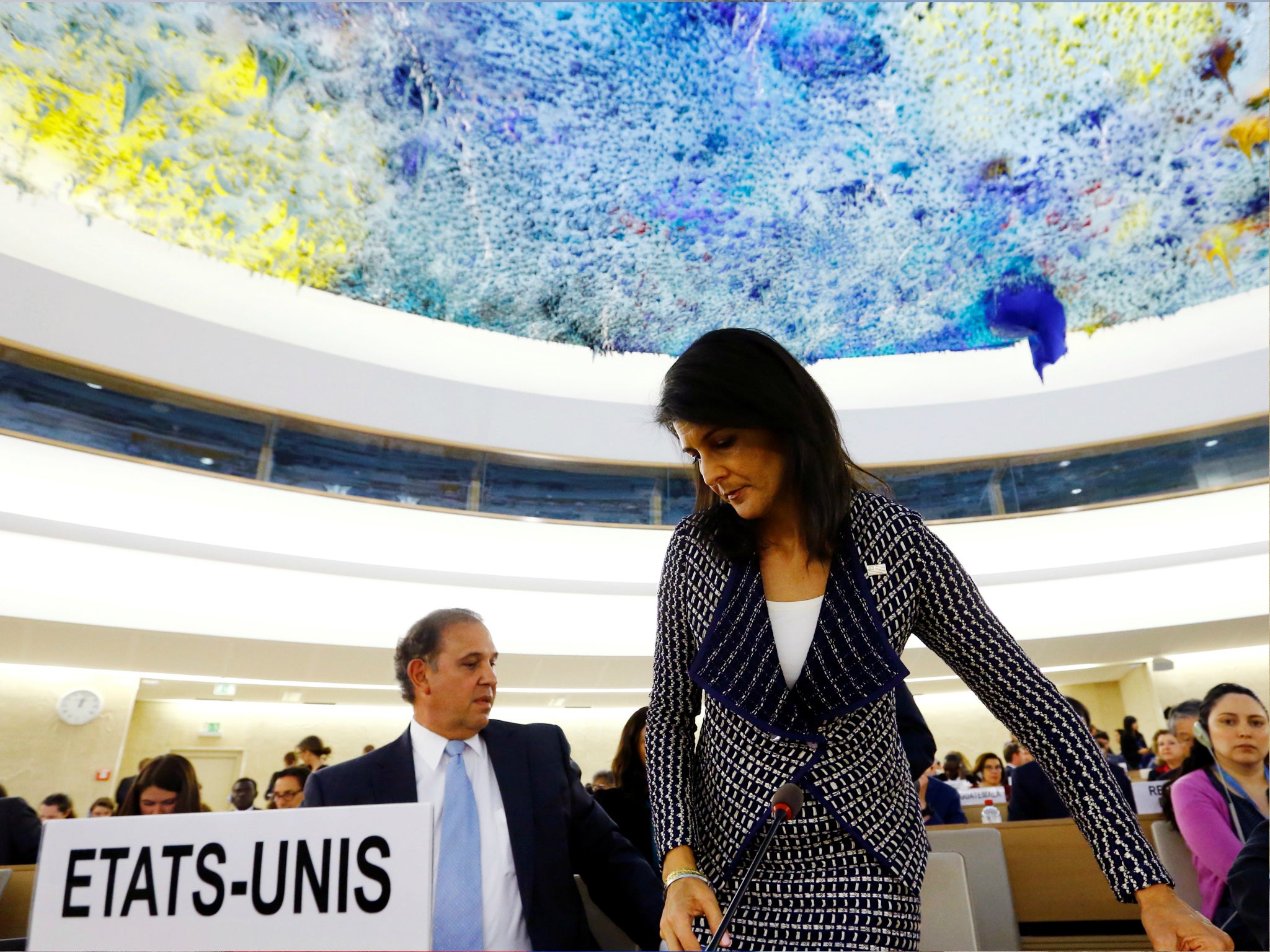 US Ambassador to the United Nations Nikki Haley leaves after addressing the United Nations Human Rights Council in Geneva, Switzerland 6 June 2017.