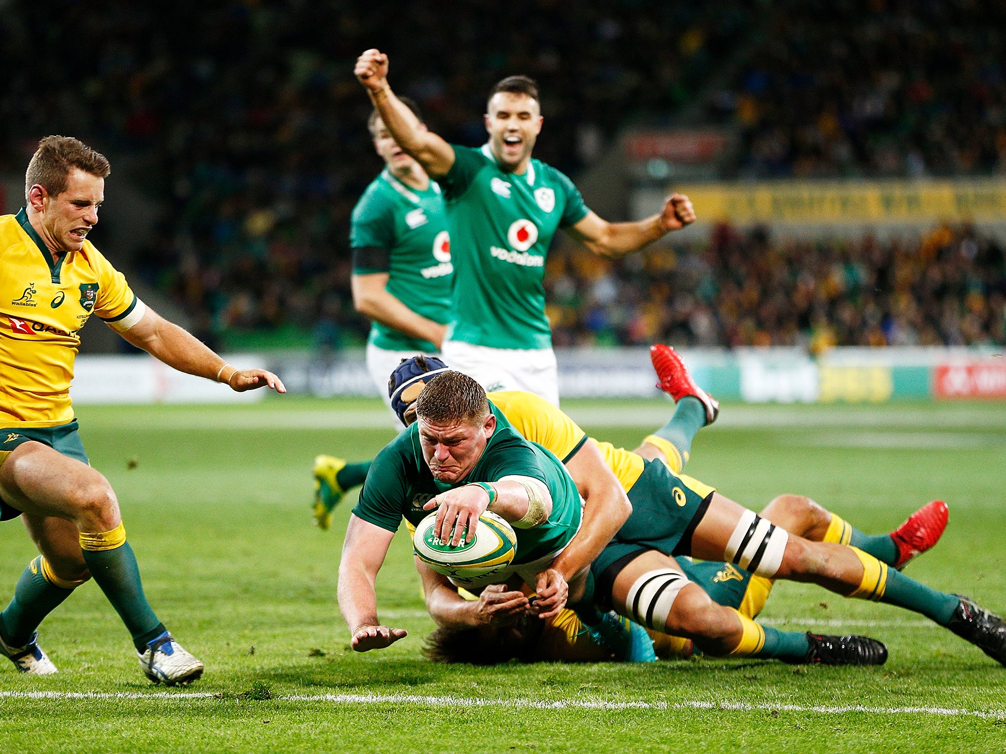 Tadhg Furlong celebrates scoring a try during Ireland's victory over Australia