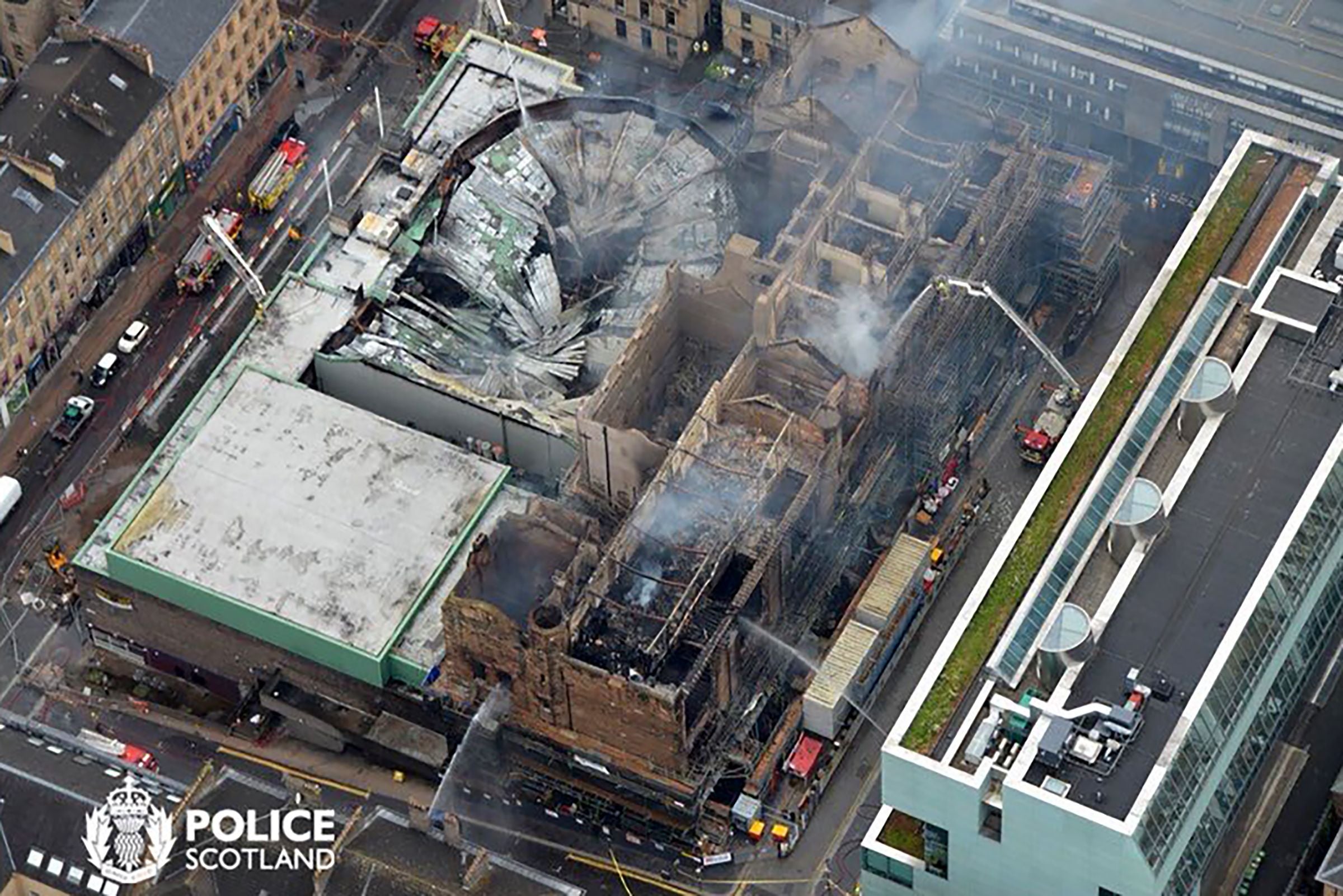 Aerial view of the smouldering roof of Glasgow School of Art