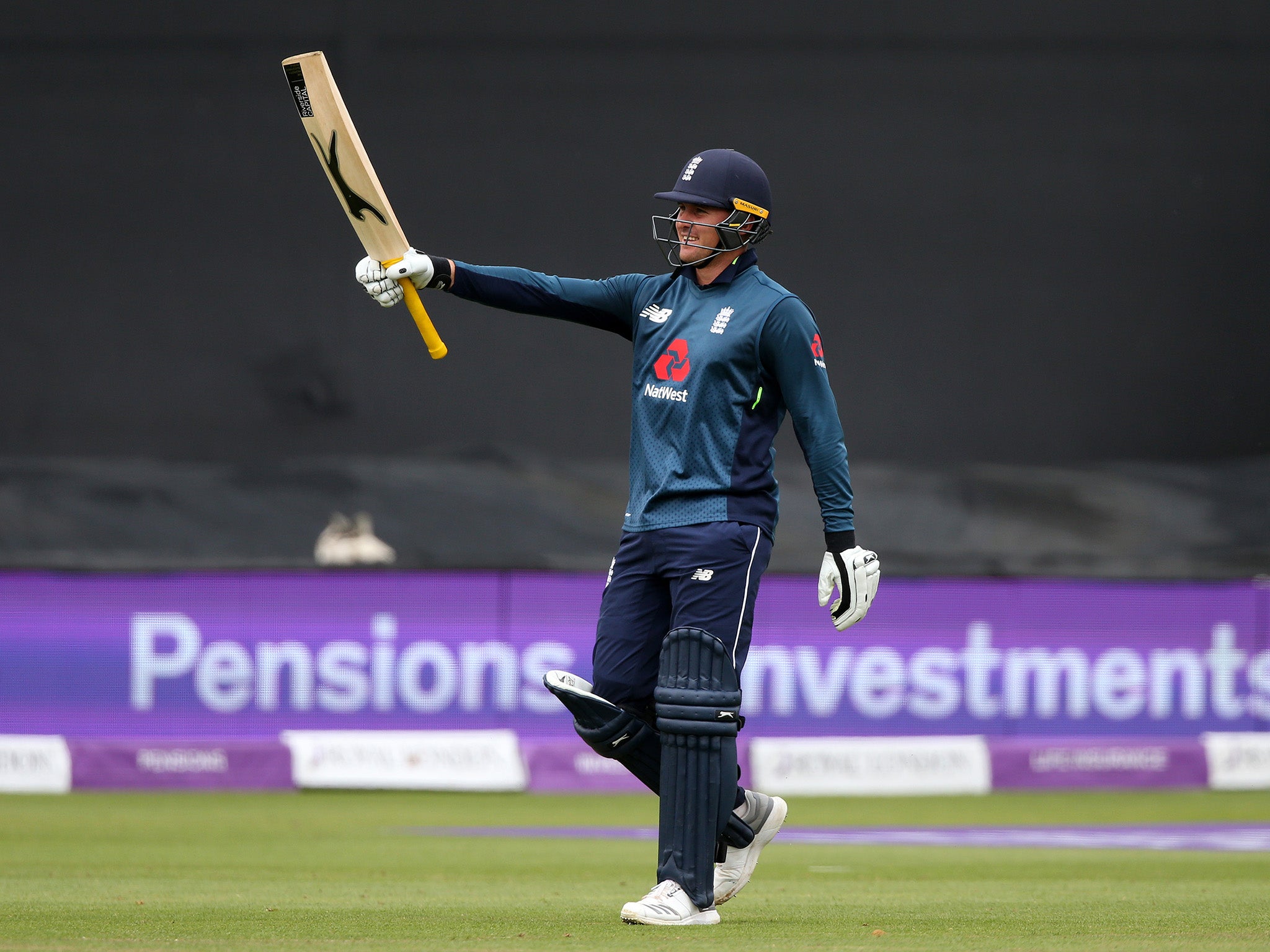 Jason Roy celebrates reaching his century for England