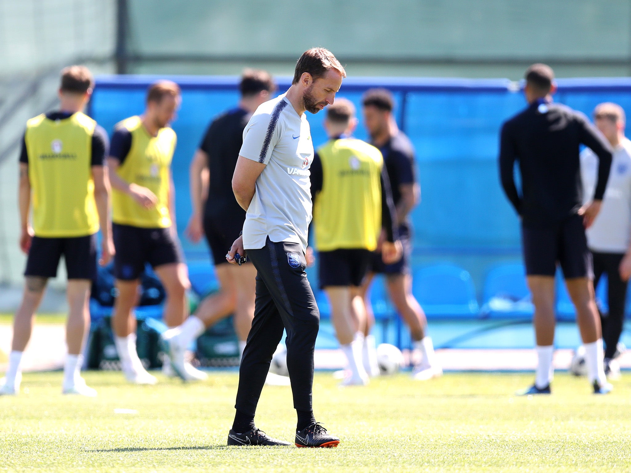 Gareth Southgate in training with his England players in Repino