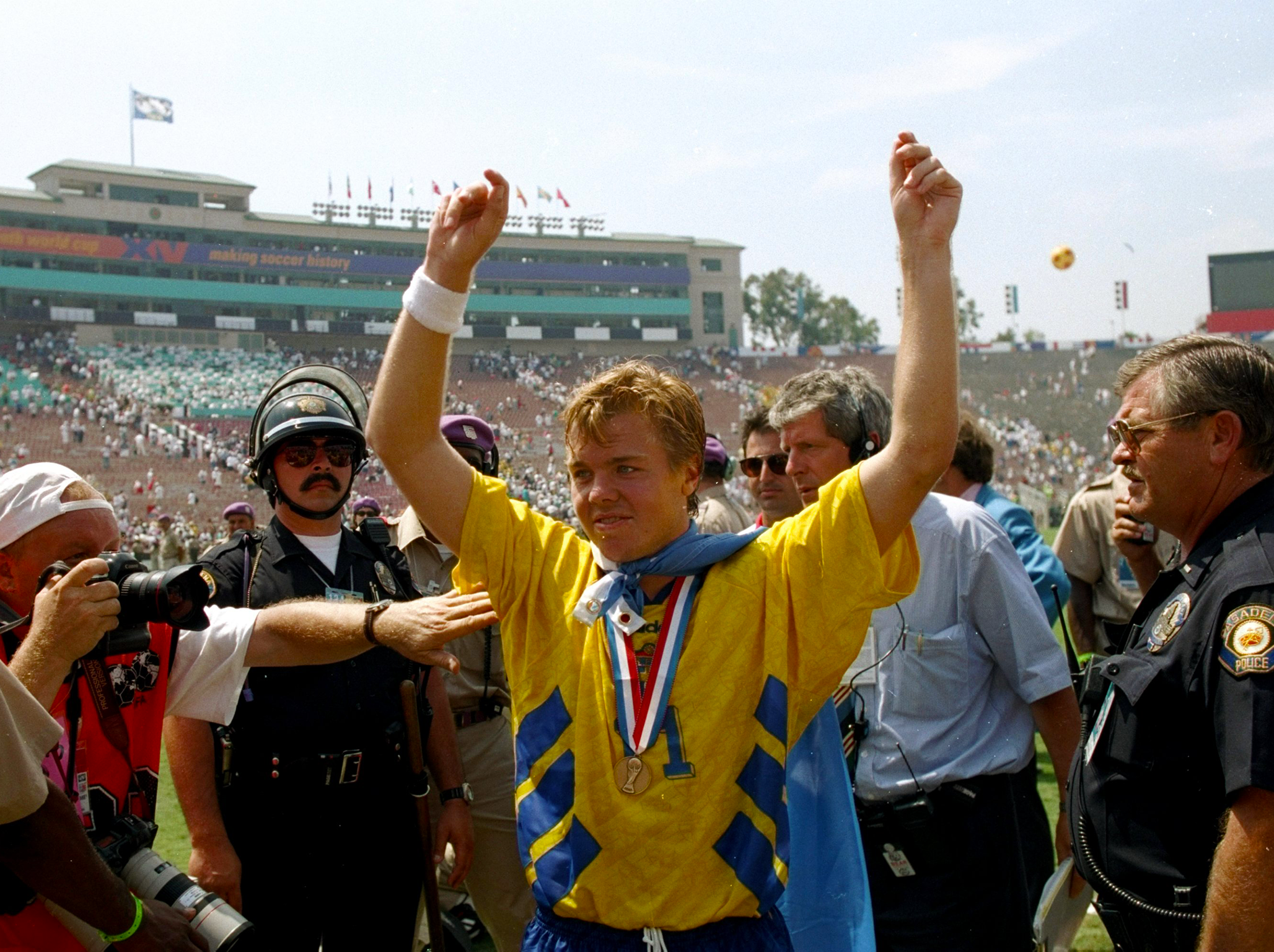 Thomas Brolin celebrates after winning the third place play-off