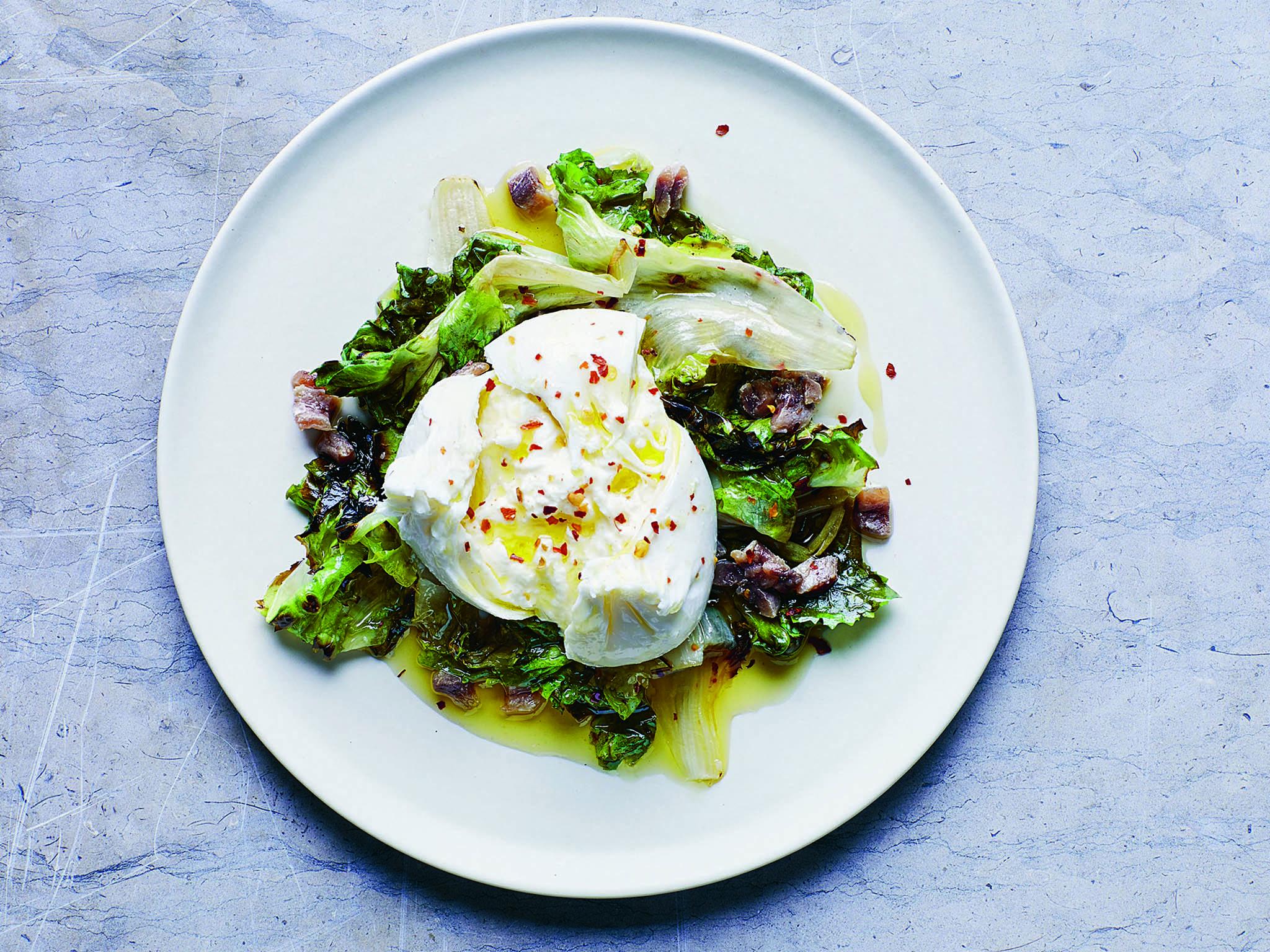 Escarole or dandelion leaves and chilli flakes beautifully cut through creamy burrata