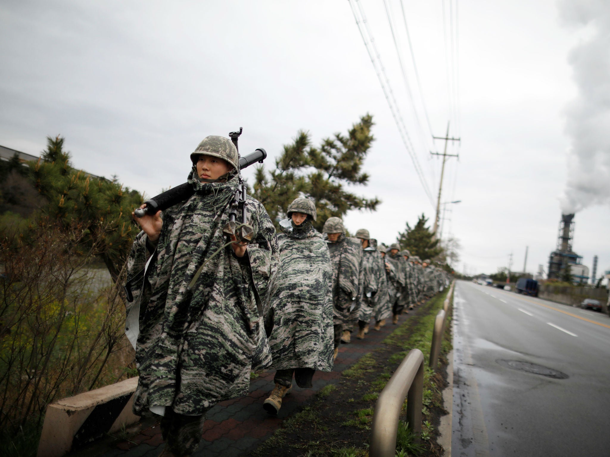 South Korean marines march during a military exercise as a part of an annual joint military training called Foal Eagle between South Korea and the US in Pohang, South Korea