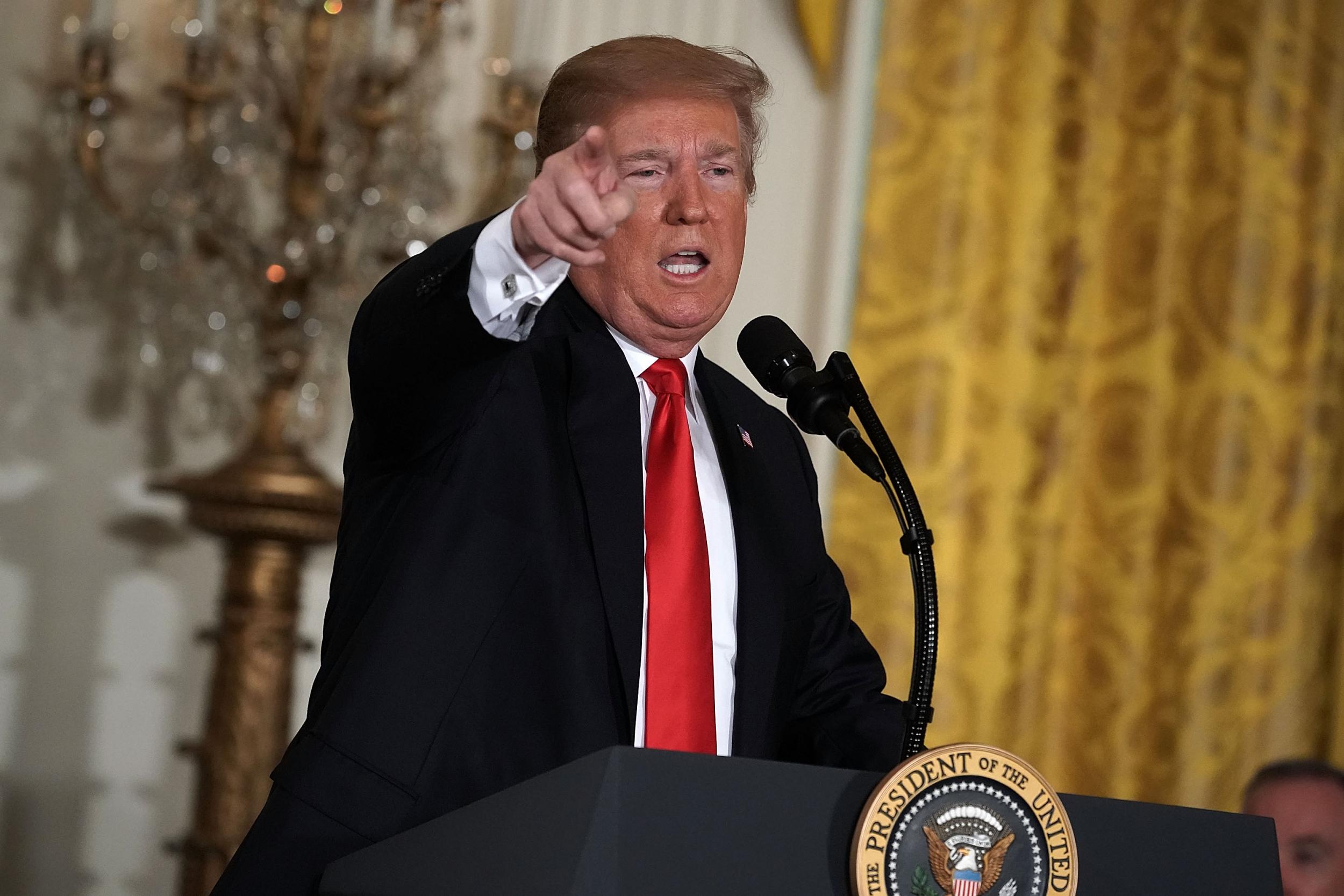 President Donald Trump speaks during a meeting of the National Space Council at the East Room of the White House