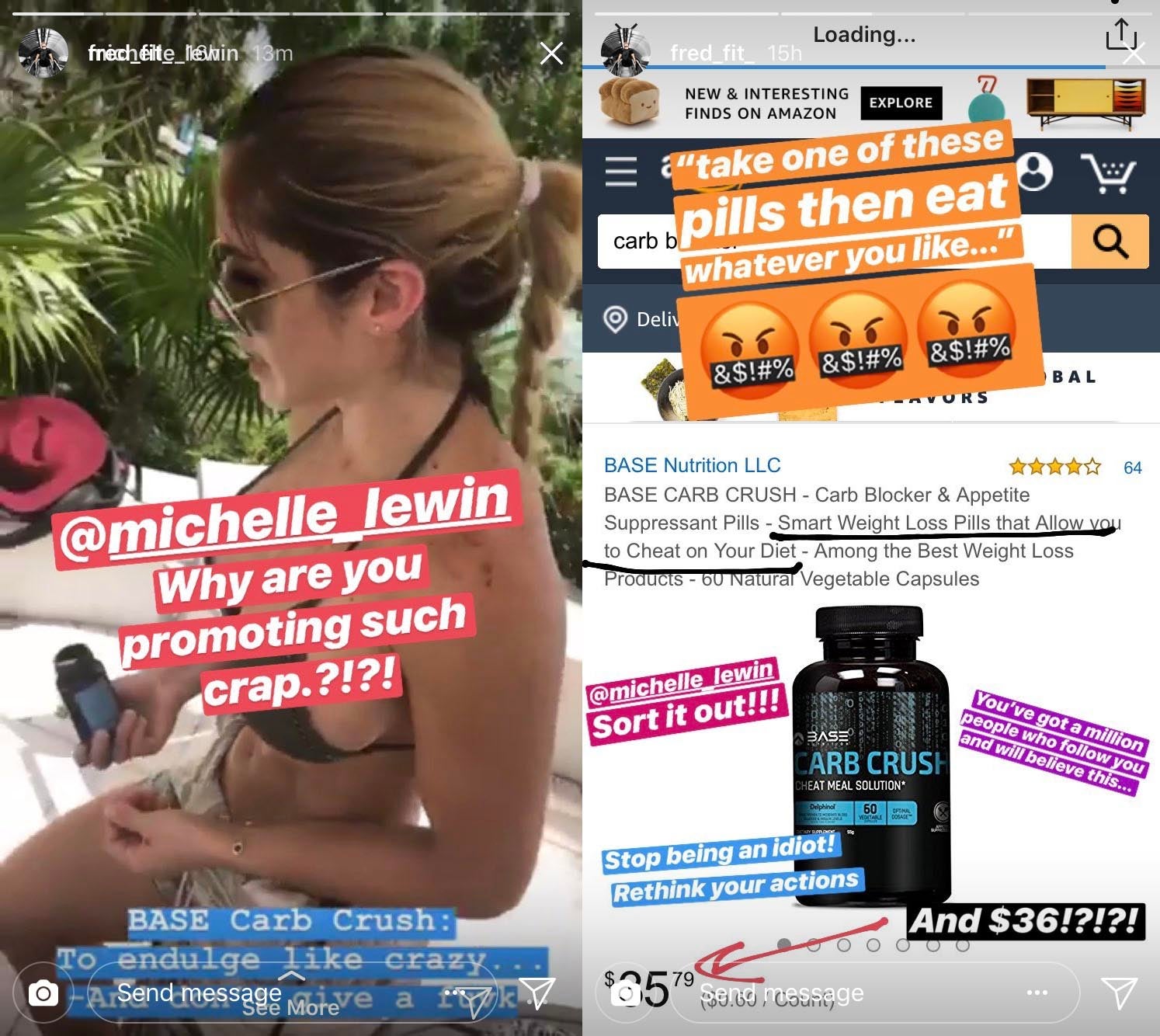 Freddie Ray's Instagram story criticising that of Michelle Lewin