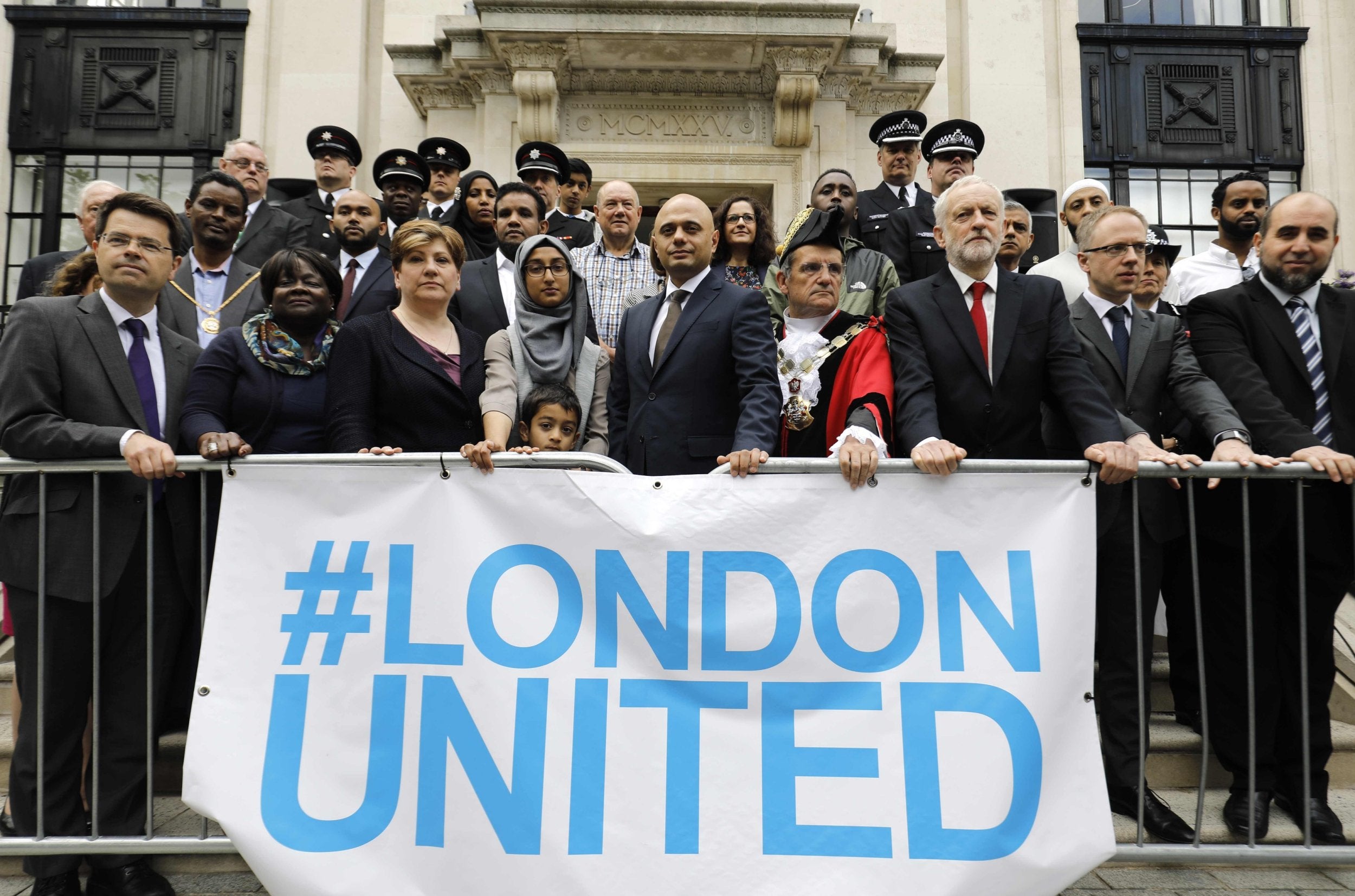 Sajid Javid, Jeremy Corbyn, Sadiq Khan, relatives of Makram Ali and others at the commemorations (AFP/Getty)