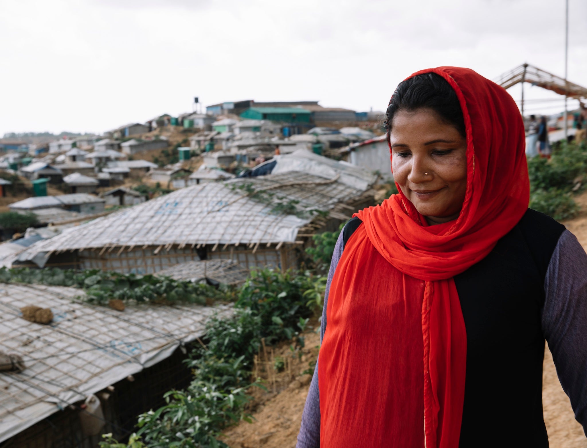 Senwara stands in the Kutupalong refugee camp in Cox's Bazar