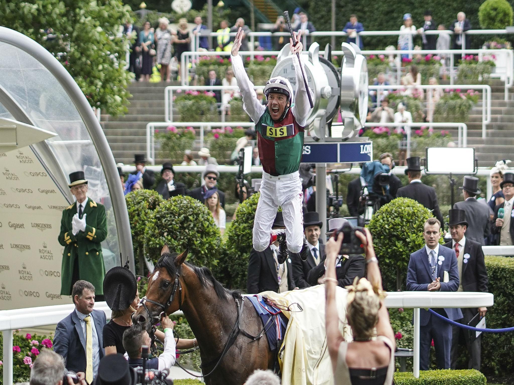 Dettori performs a flying dismount after winning on Without Parole