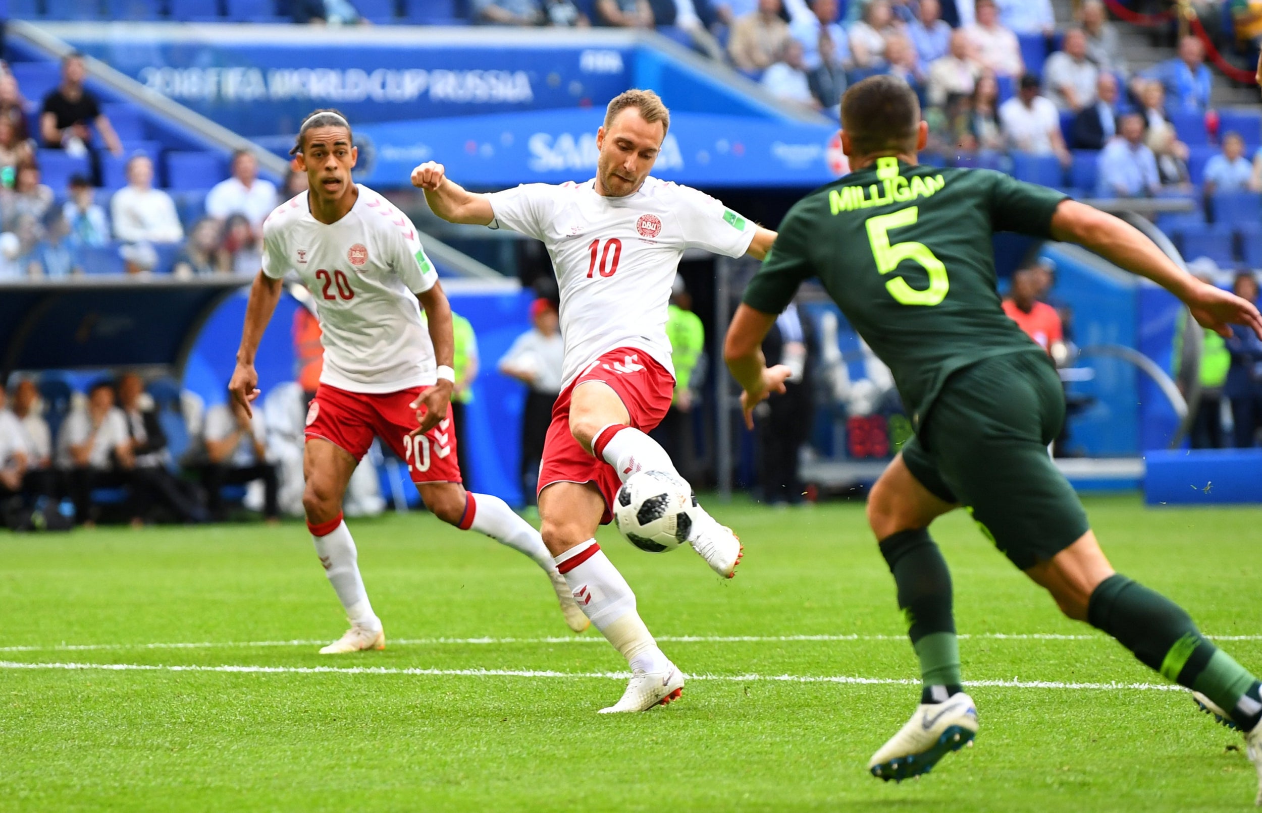 Fig 6: Eriksen beats Milligan to the ball and hits a half-volley (Reuters)