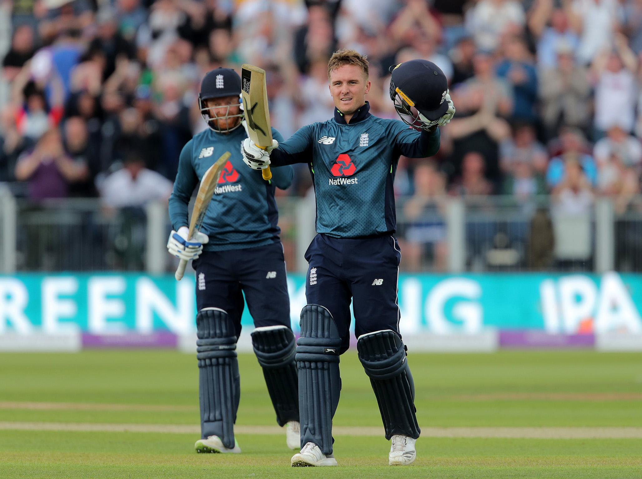 Jason Roy celebrates his century at Durham