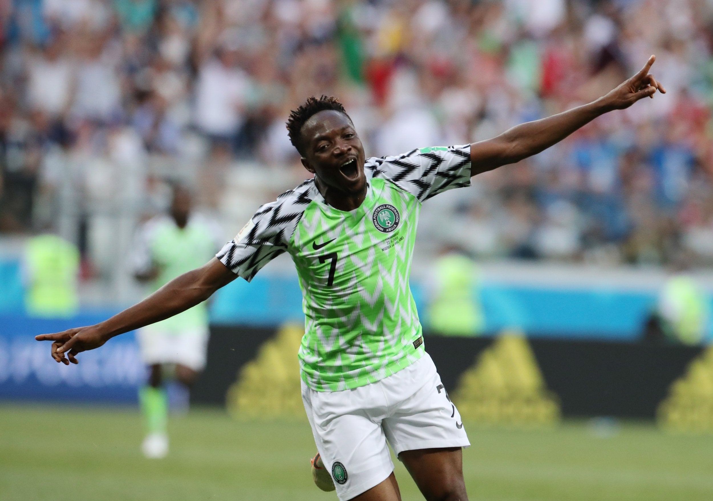 Ahmed Musa celebrates after scoring his second goal for Nigeria