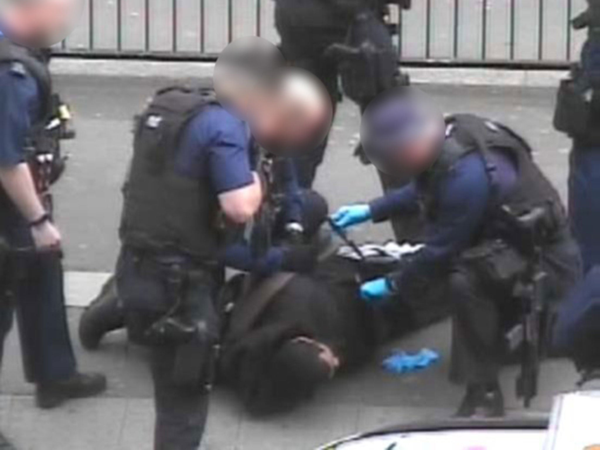 Footage showed police finding three knives in Khalid Ali’s jacket and trousers after arresting him in Whitehall on 27 April 2017