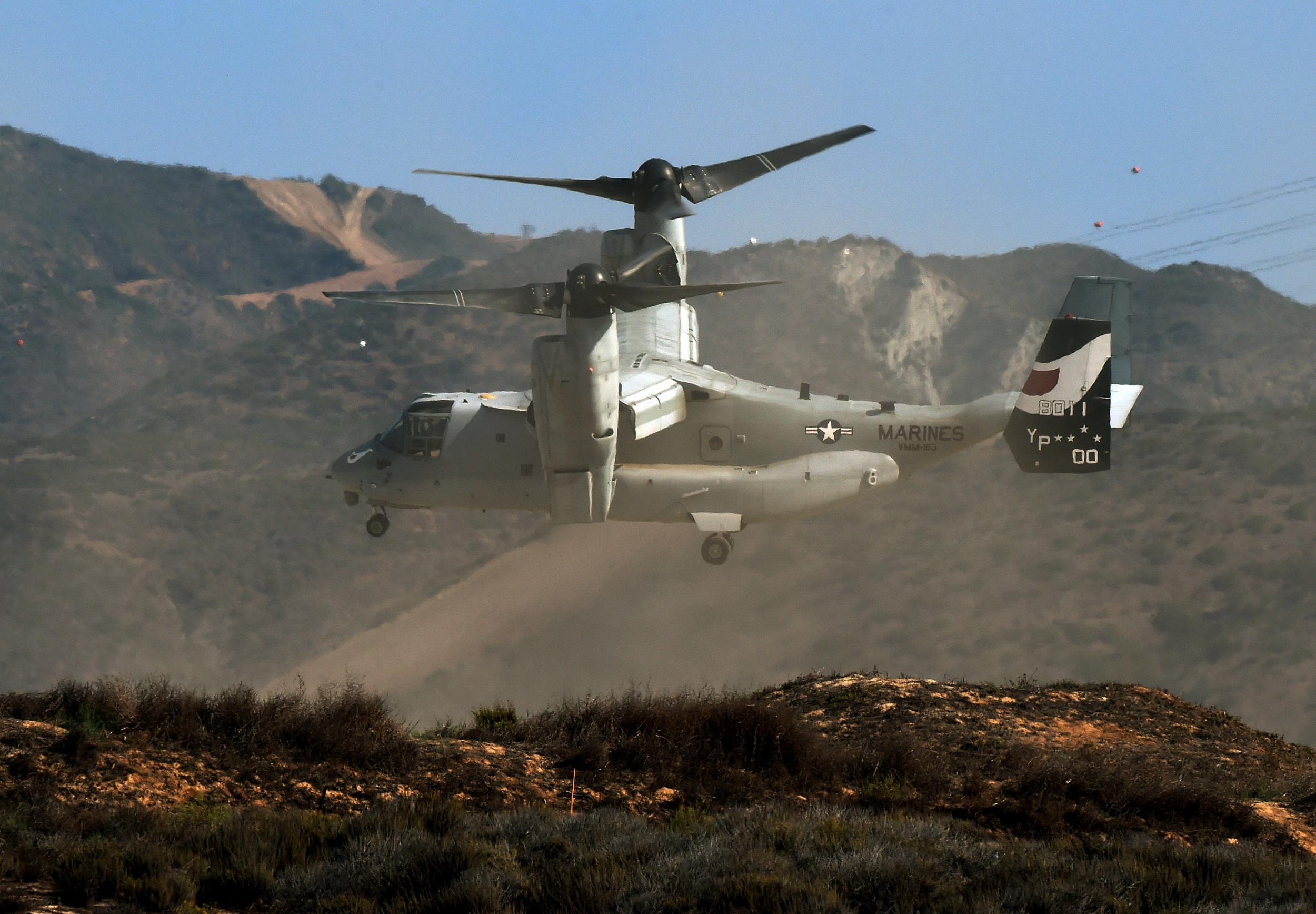 A US Marines MV-22 Osprey lands at Camp Pendleton, California – a proposed site for migrant tent camps, according to new reports