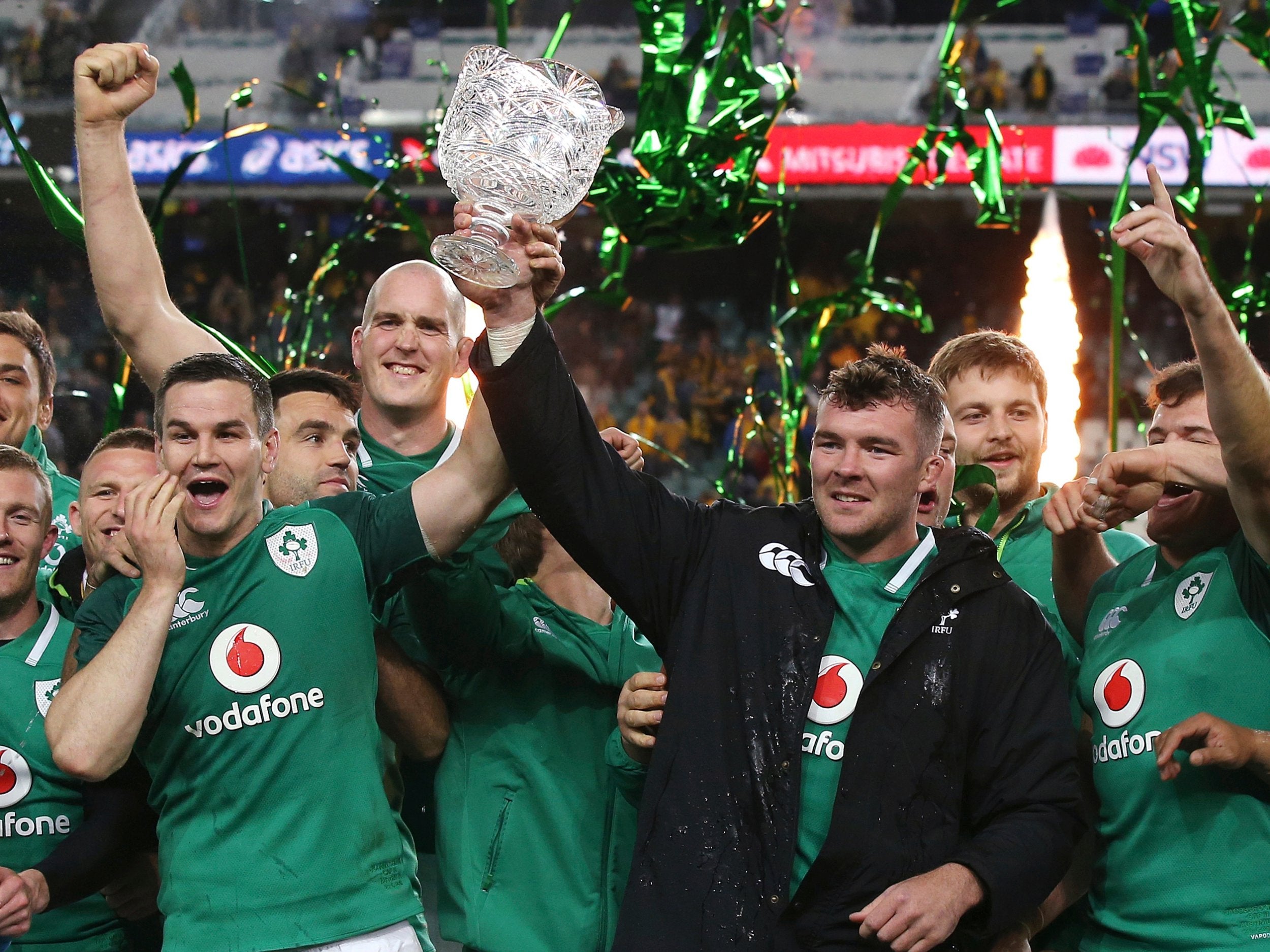 Peter O'Mahony and Johnny Sexton hold up the Lansdowne Cup following Ireland's win over Australia