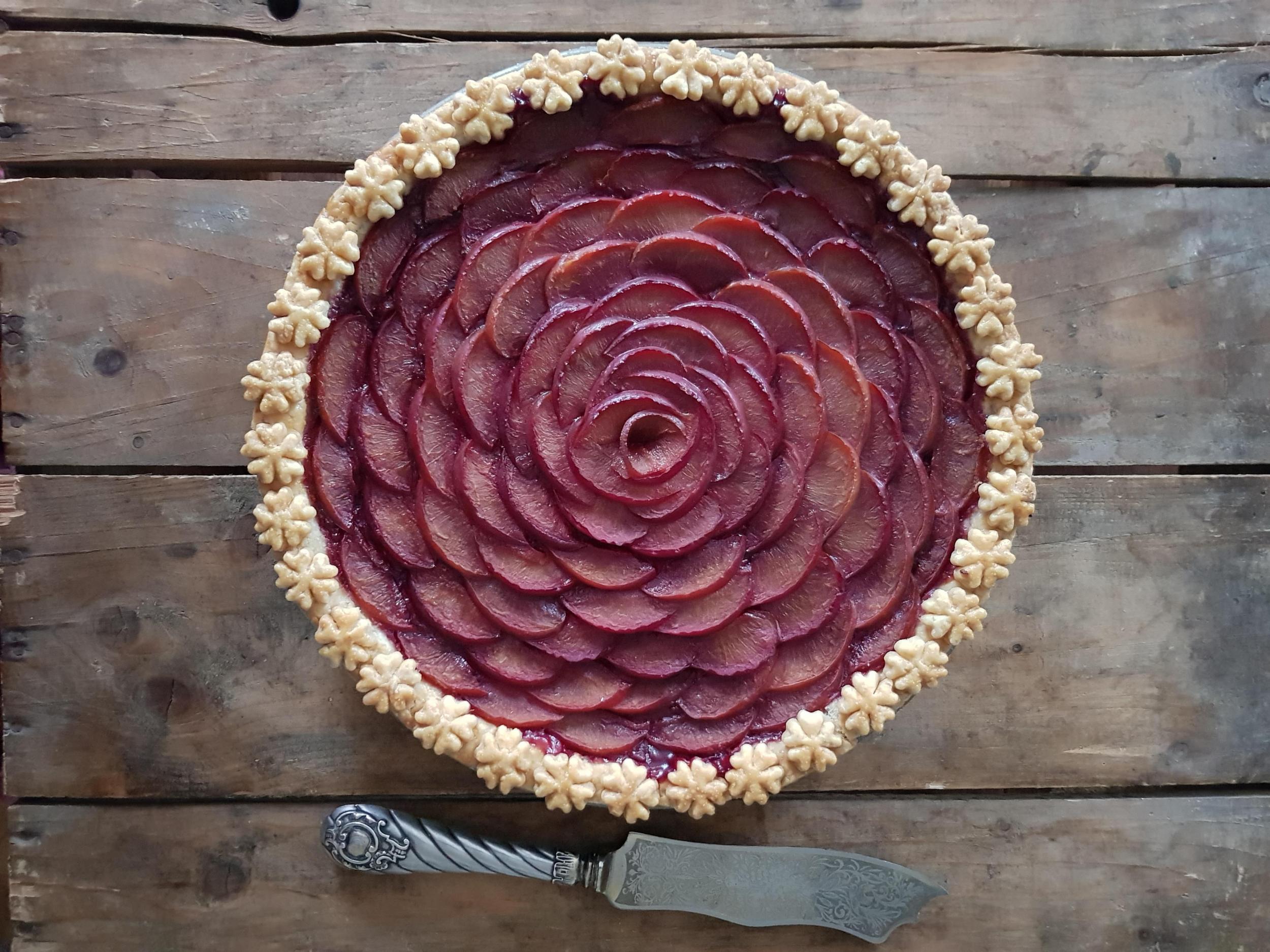 &#13;
&#13;
This red plum and slivovitz pie uses the natural, dramatic purple colour of the fruit as decoration&#13;