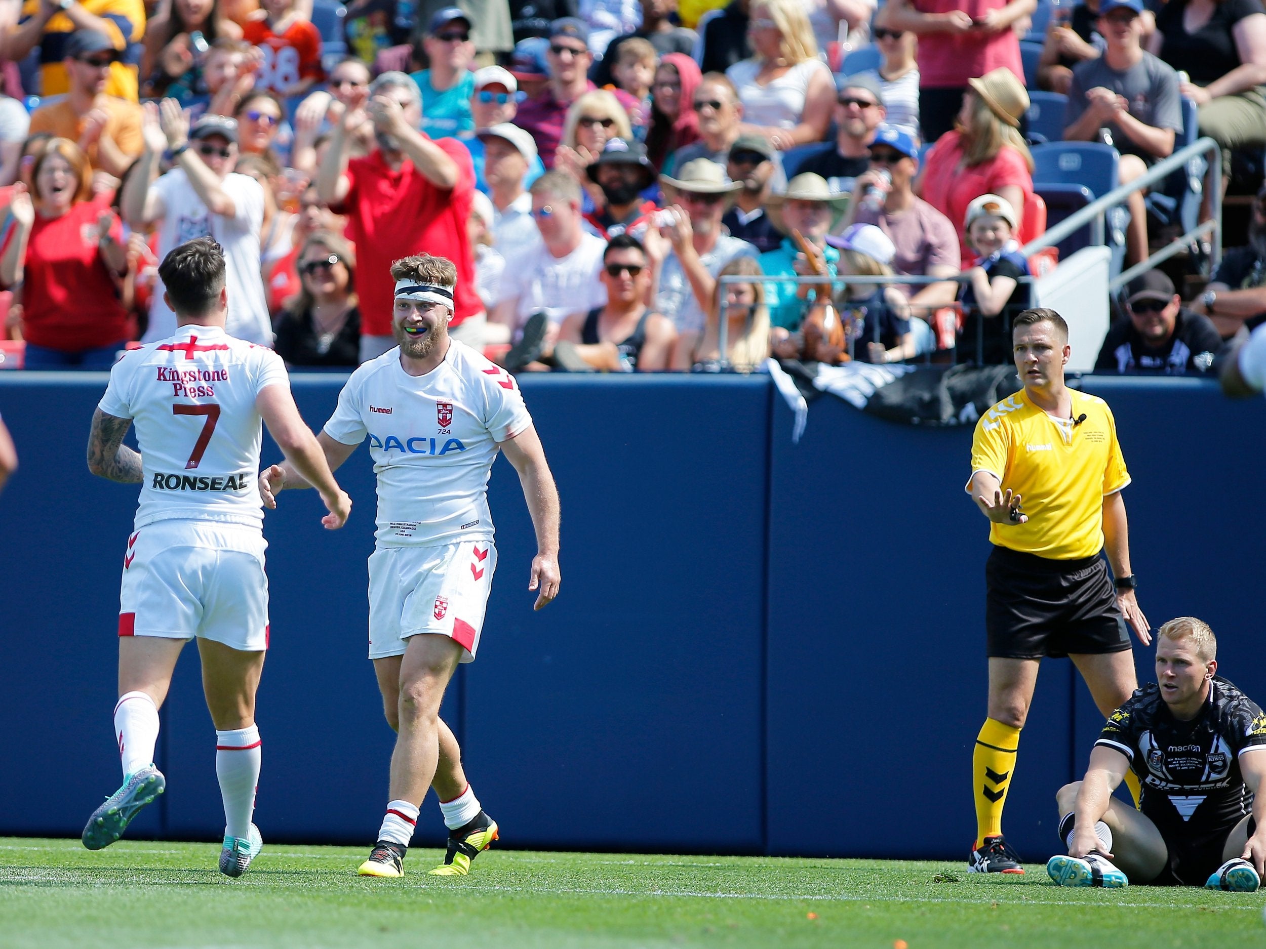 Elliott Whitehead celebrates after scoring one of his two tries