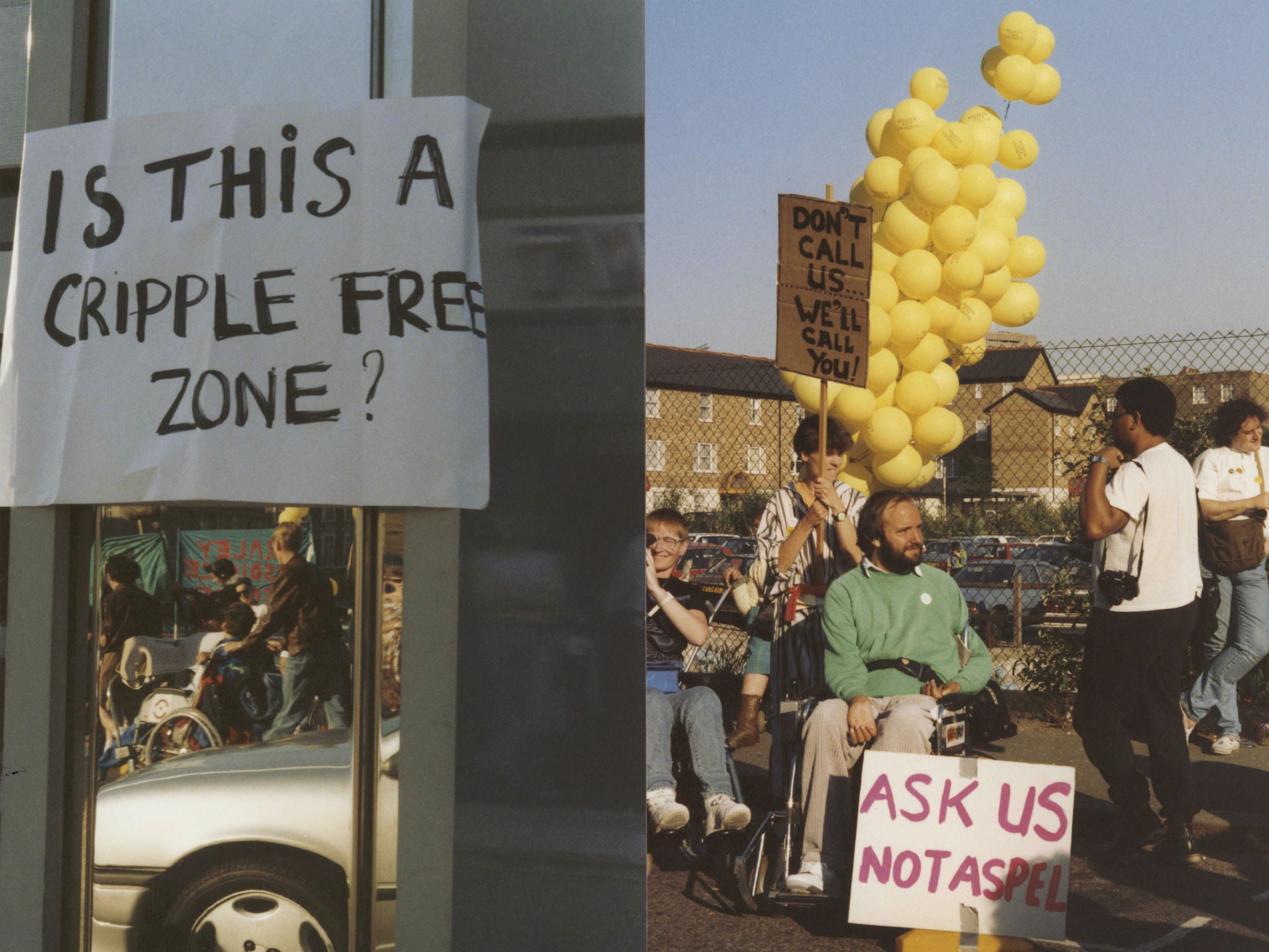 Block Telethon campaigners protest against ITV's telethon, hosted by Michael Aspel, in 1992