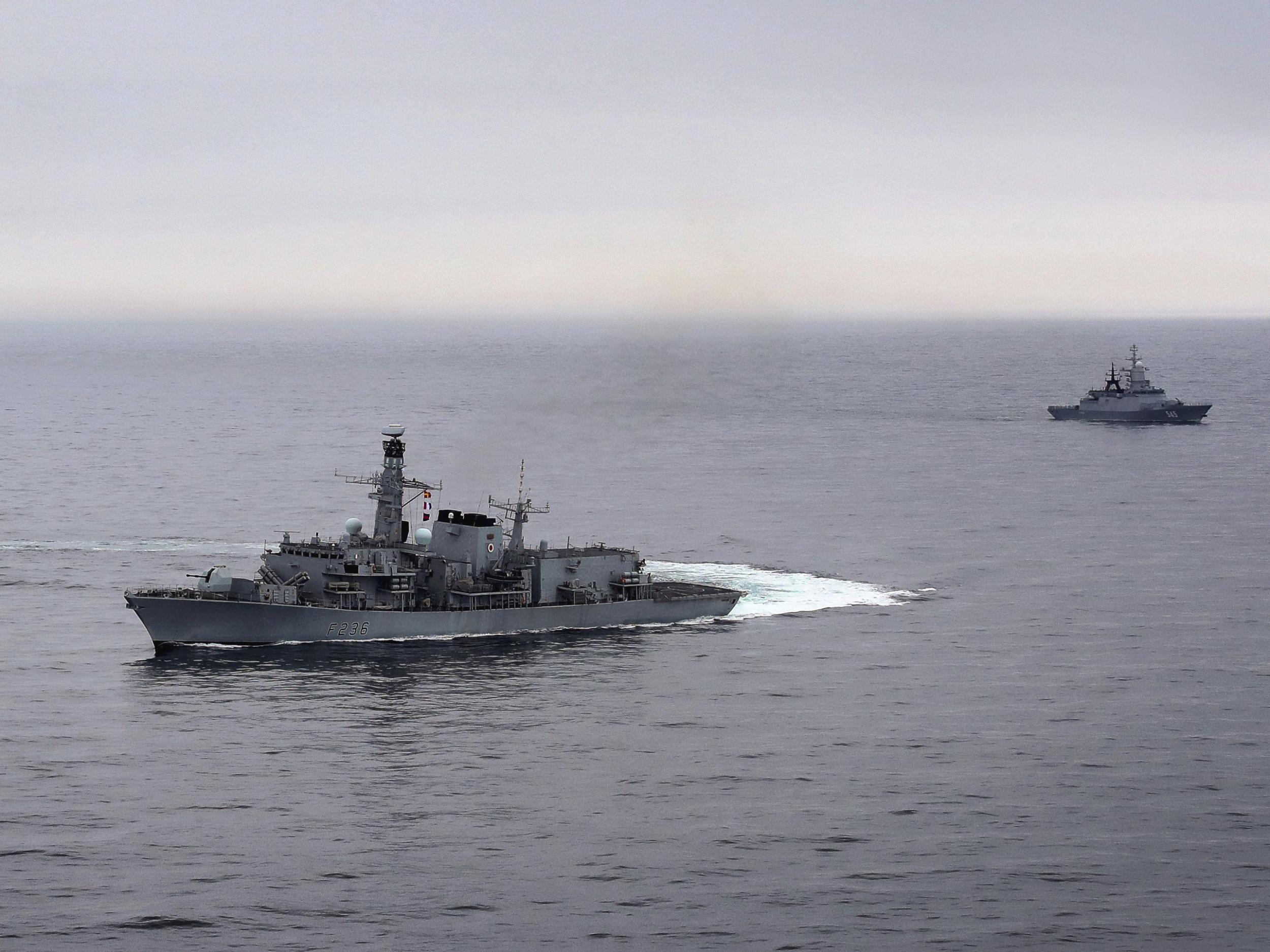 HMS Montrose, left, shadowed two Russian corvettes in the North Sea, the Royal Navy said