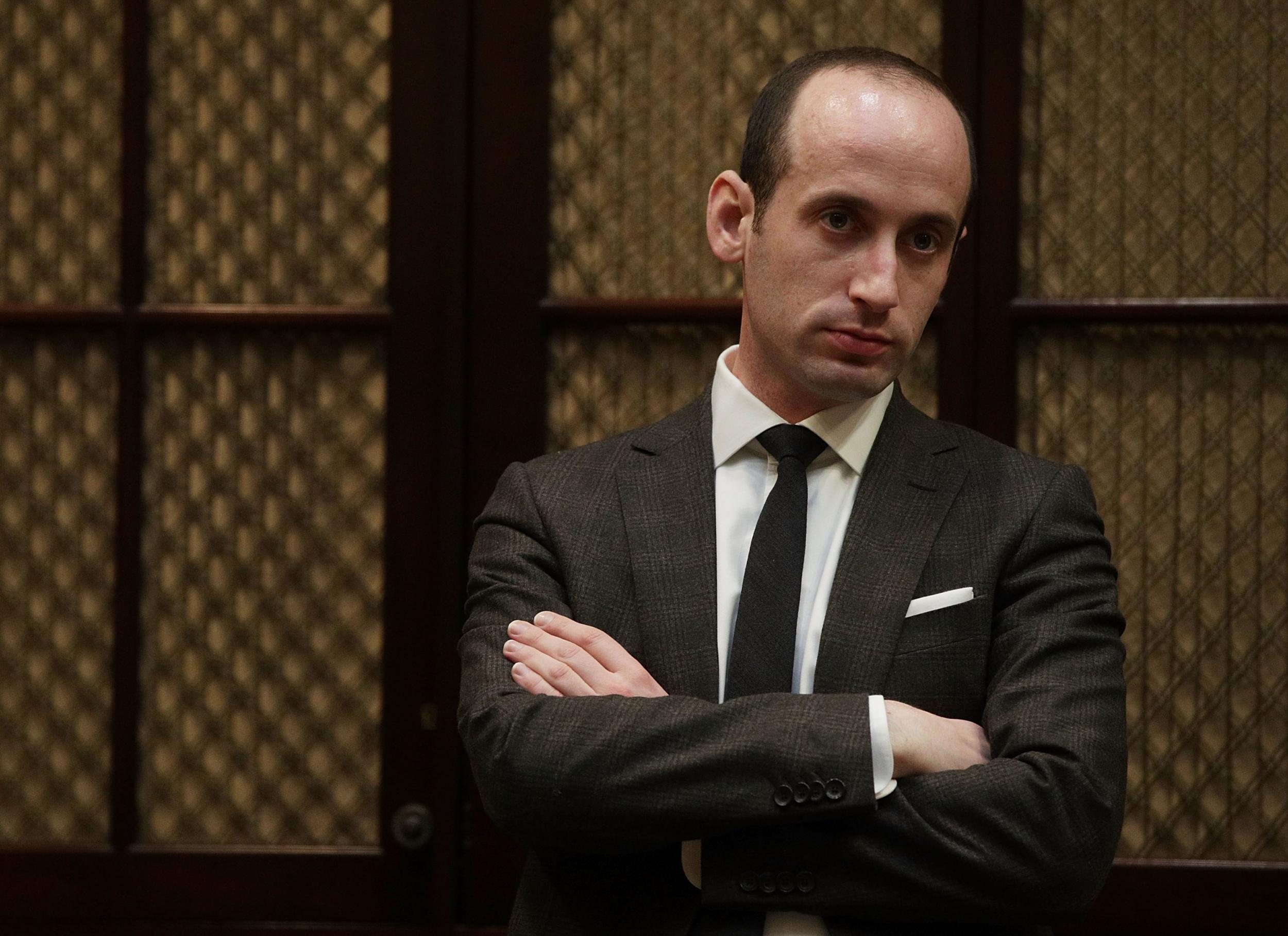 White House senior policy adviser Stephen Miller waits for the beginning of a parent-teacher conference listening session at the Roosevelt Room of the White House