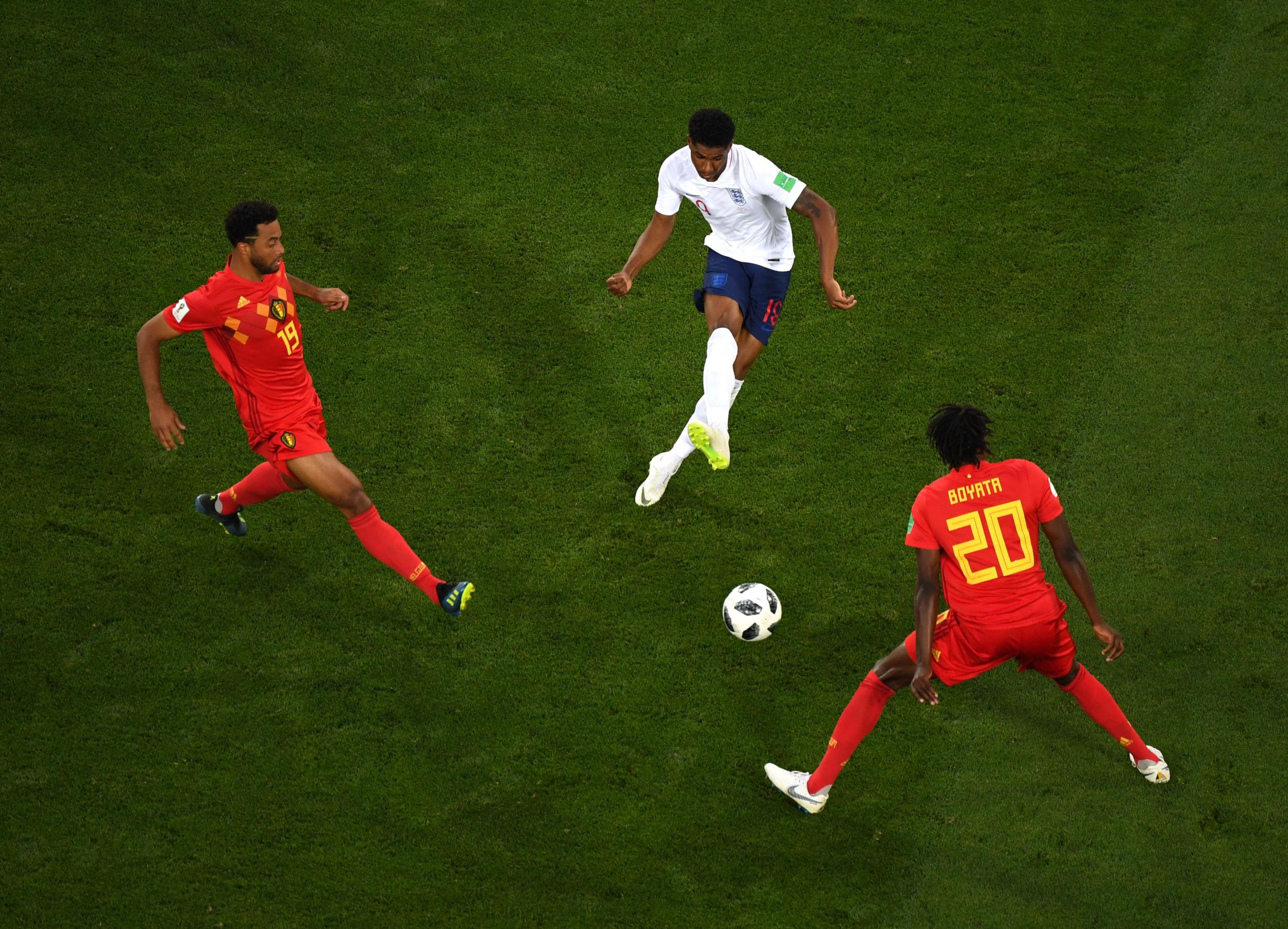 Marcus Rashford with a hopeful shot on goal