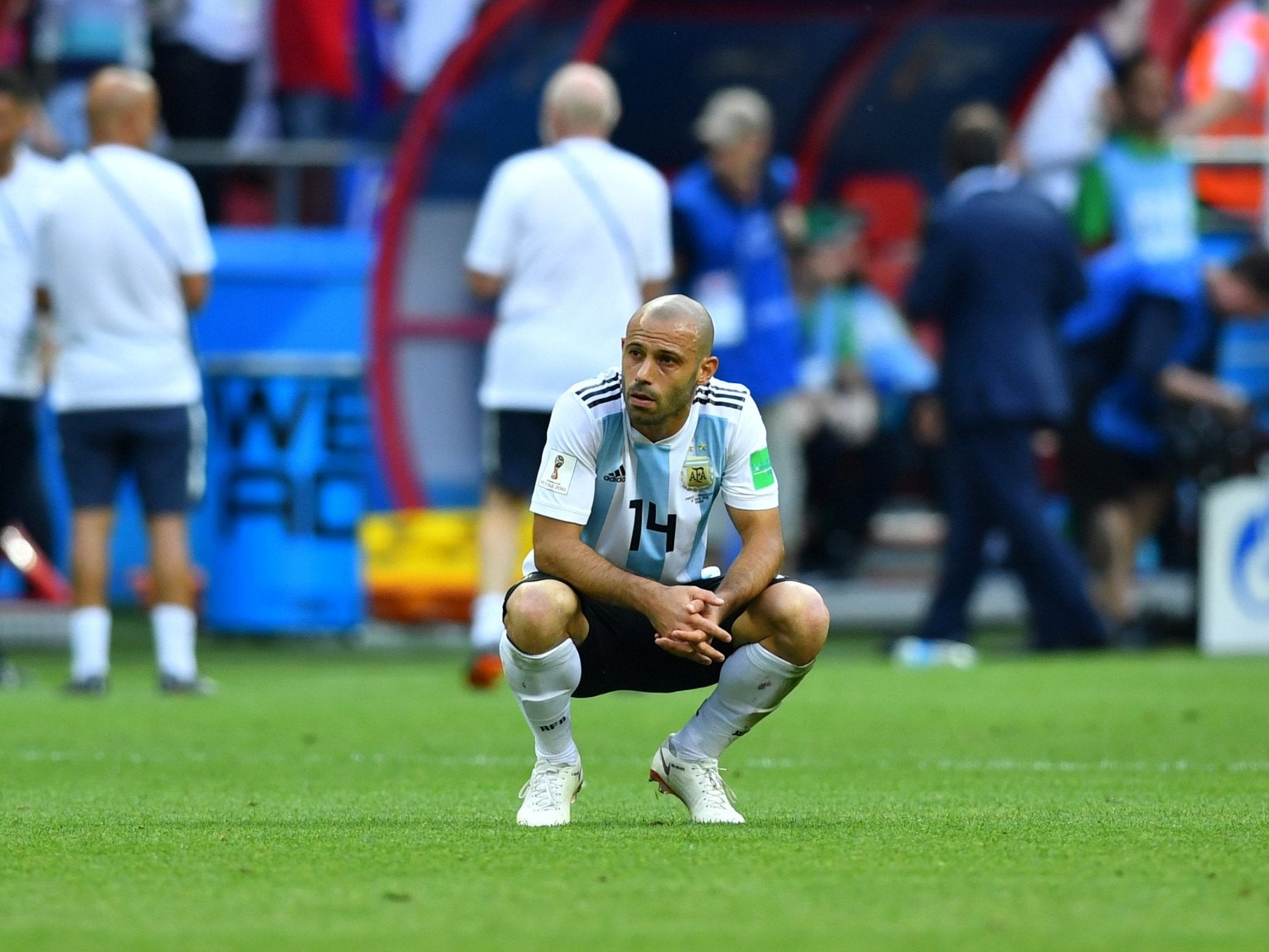 Argentina's Javier Mascherano looks dejected after the match