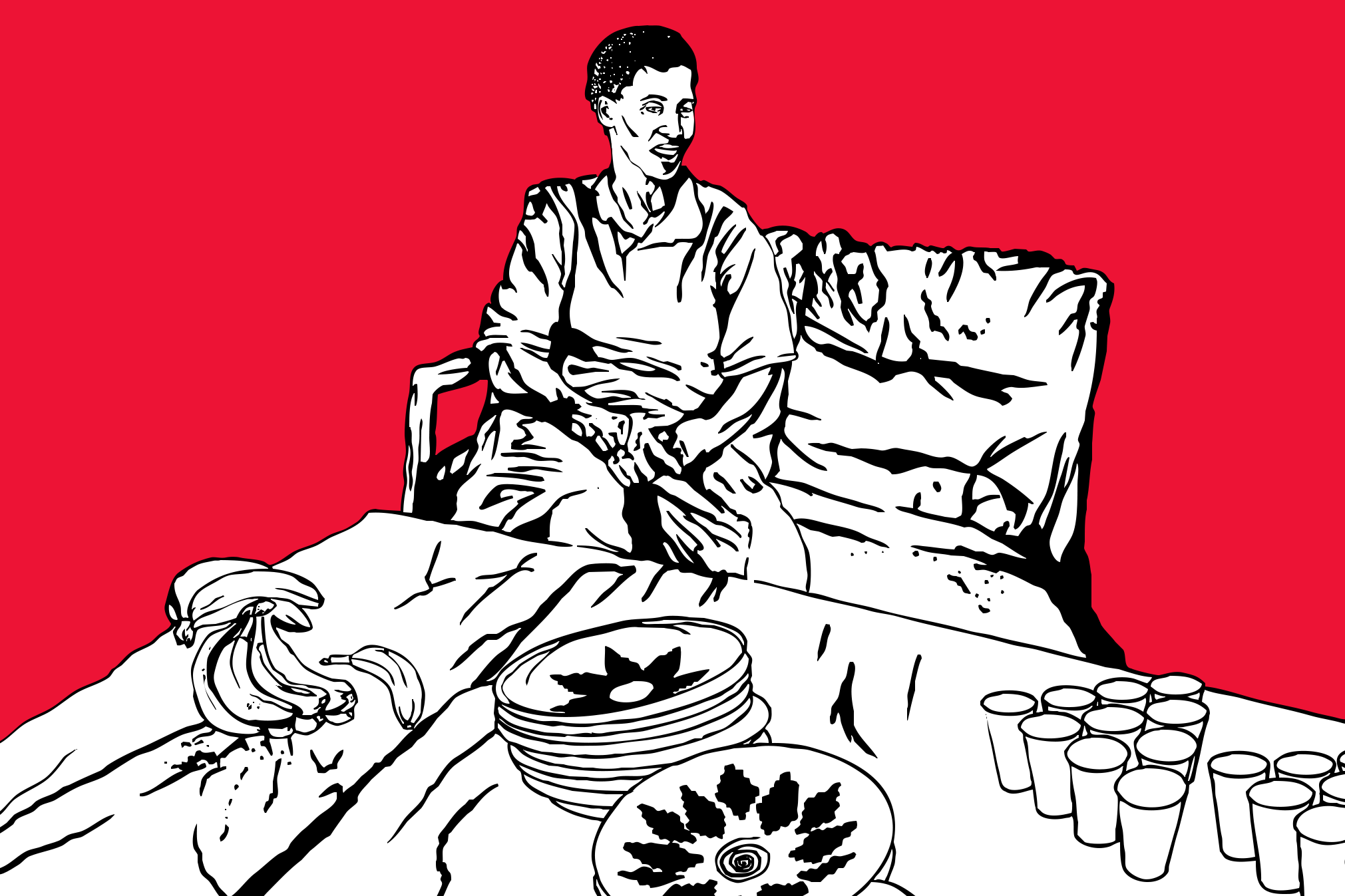 Illustration of Mukeshimana Vestine at her table in Rwanda (Tom Ford)