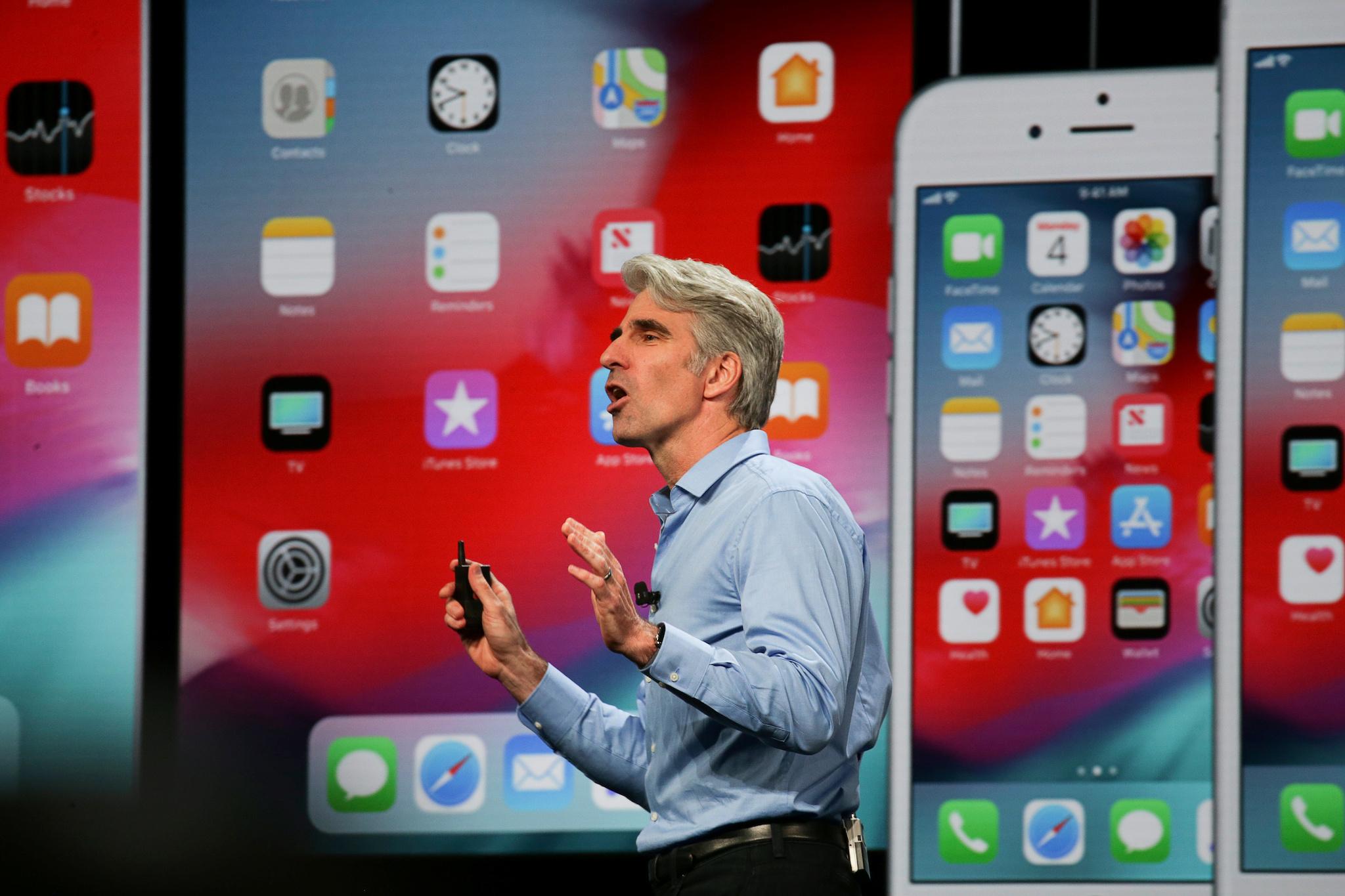 Apple senior vice president of Software Engineering Craig Federighi speaks at the Apple Worldwide Developer Conference (WWDC) in San Jose, California, U.S., June 4, 2018