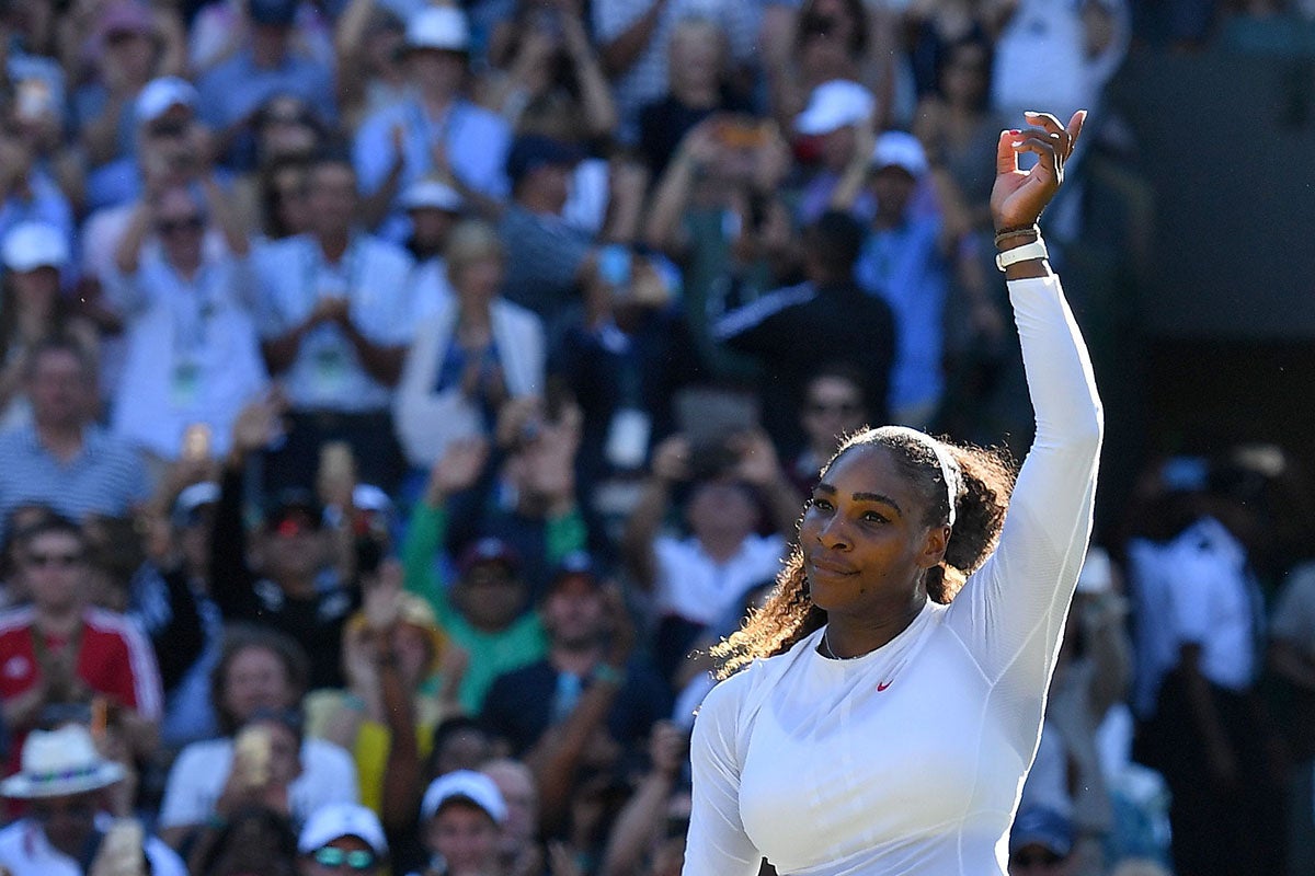 Serena Williams celebrates her win against Arantxa Rus on the first day of the 2018 Wimbledon Championships (AFP/Getty )